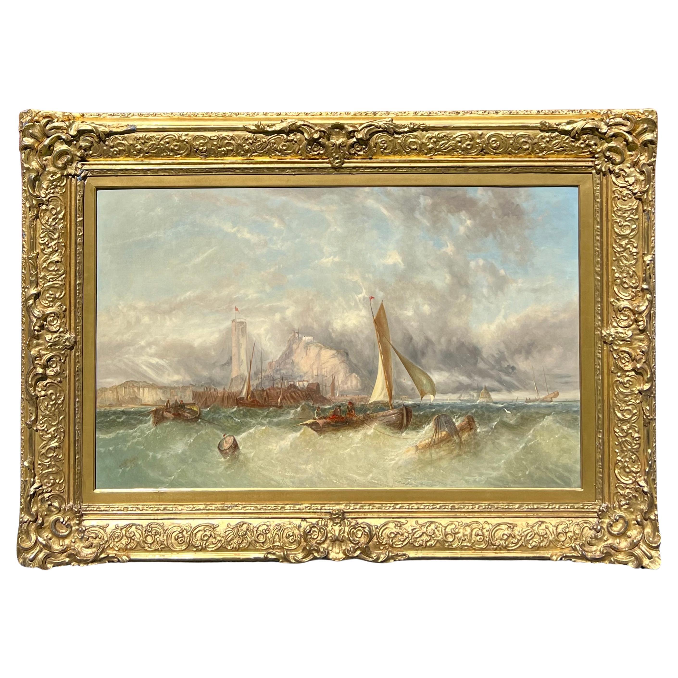 An oil painting on canvas featuring fishing boats in lively seas by William Henry Williamson (British 1820-1883) signed and dated 1853.  Of an impressive size measuring 45