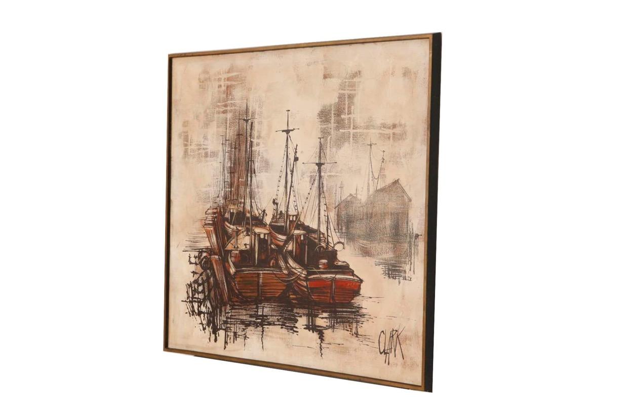 An impressionist style acrylic painting on a square canvas. The scene depicts two moored fishing boats in the foreground, finely detailed in shades of brown and black. In the distance are two misty dock buildings. Signed Clark in the lower right