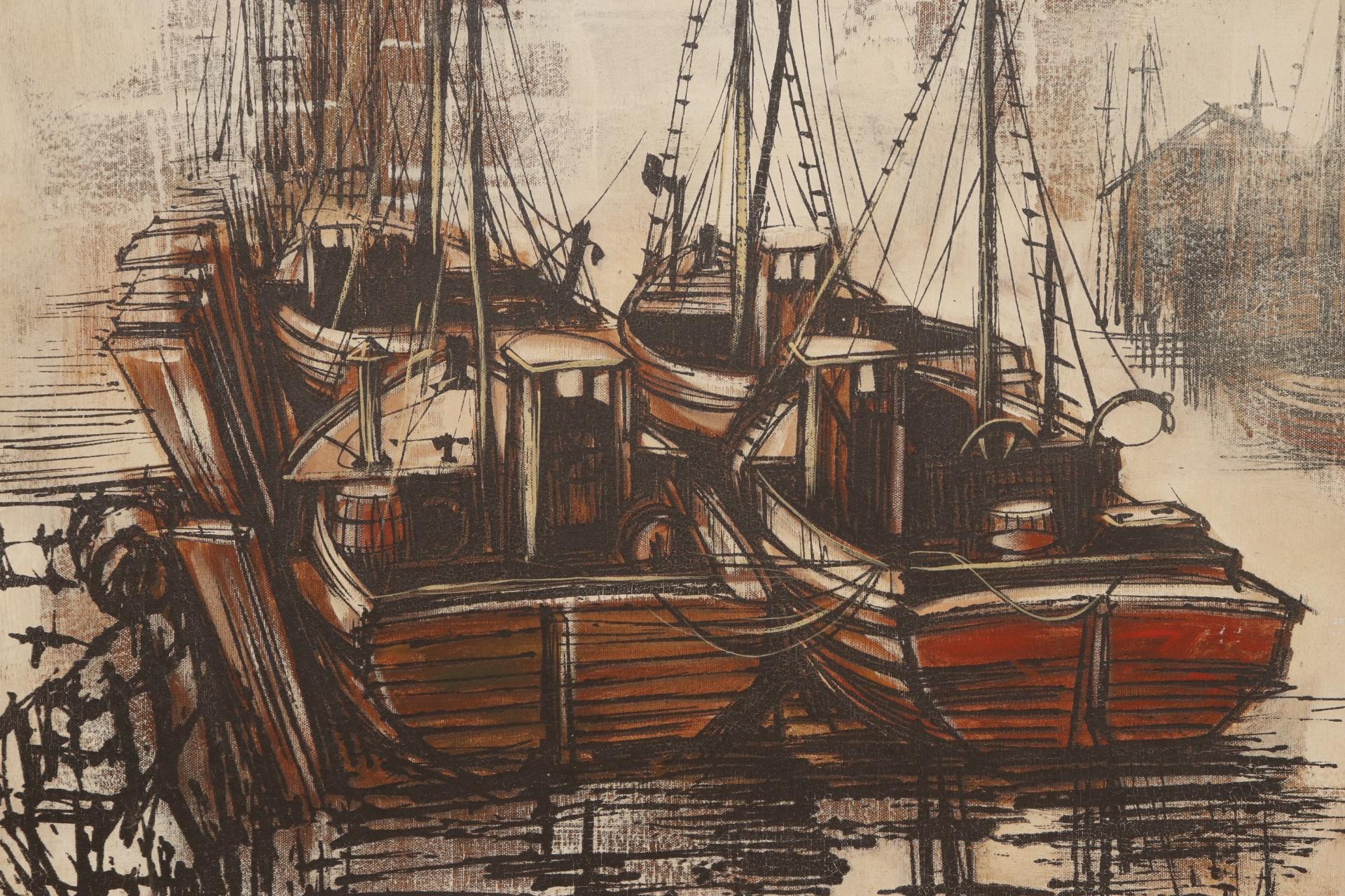 Painted Fishing Boats in the Harbor on Canvas For Sale