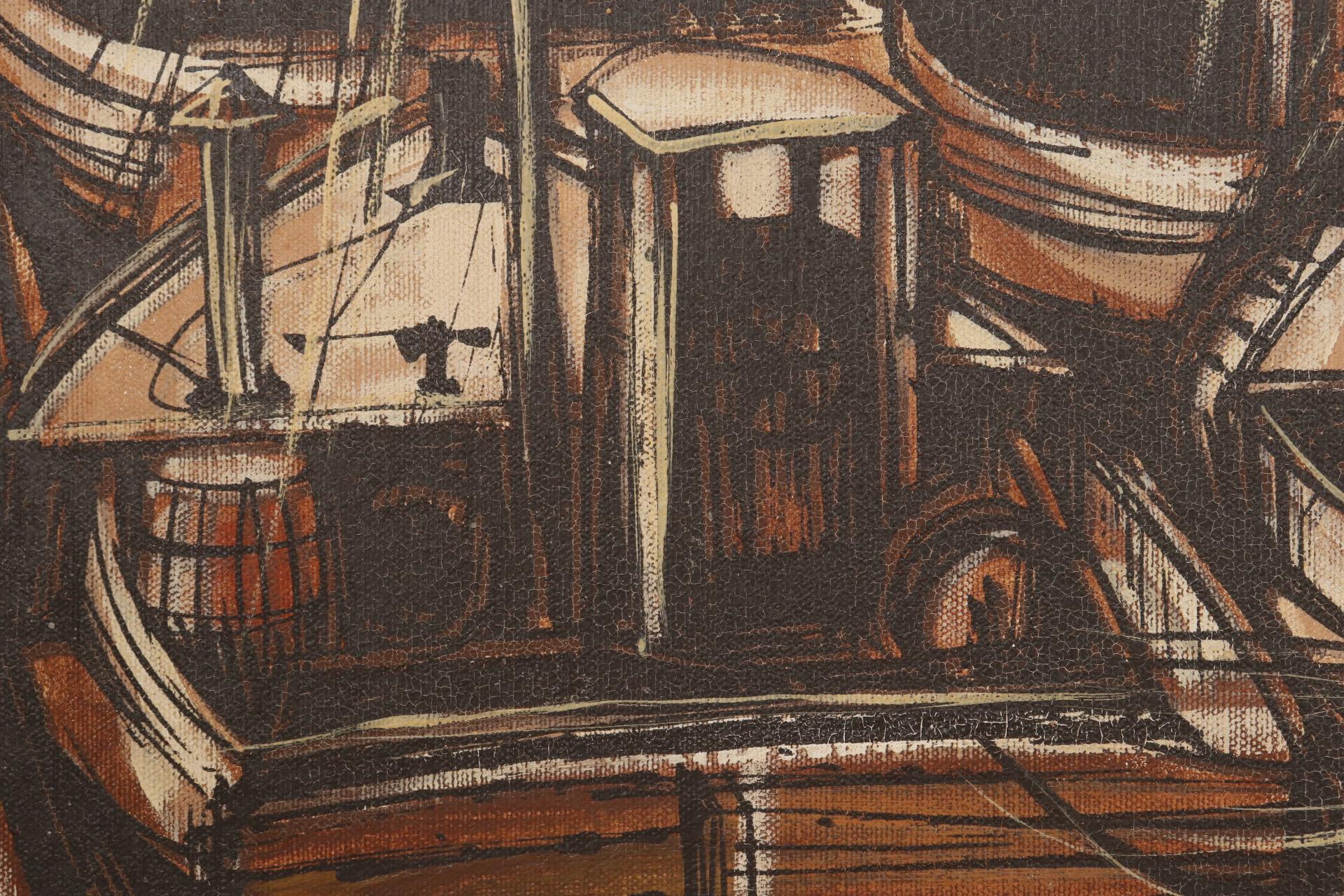 20ième siècle Peinture sur toile - Bateaux de pêche dans le port en vente