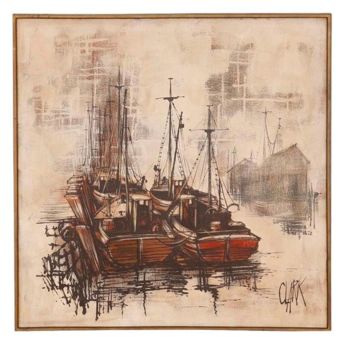 Peinture sur toile - Bateaux de pêche dans le port en vente