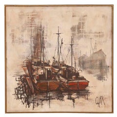 Vintage Fishing Boats in the Harbor on Canvas