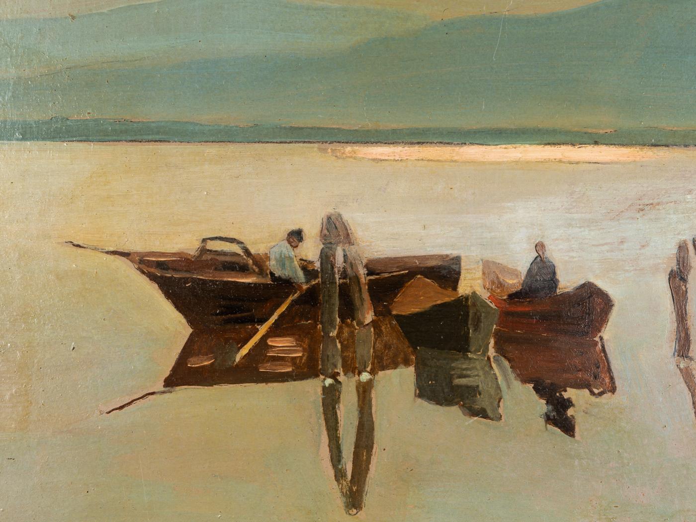 Italian  Fishing Boats Oil on Hardboard Framed Mountain Lake Giovanni Lomi Impressionist For Sale