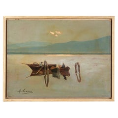 Vintage  Fishing Boats Oil on Hardboard Framed Mountain Lake Giovanni Lomi Impressionist