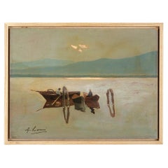 Fishing Boats Oil on Hardboard Framed Mountain Lake Giovanni Lomi Impressionist