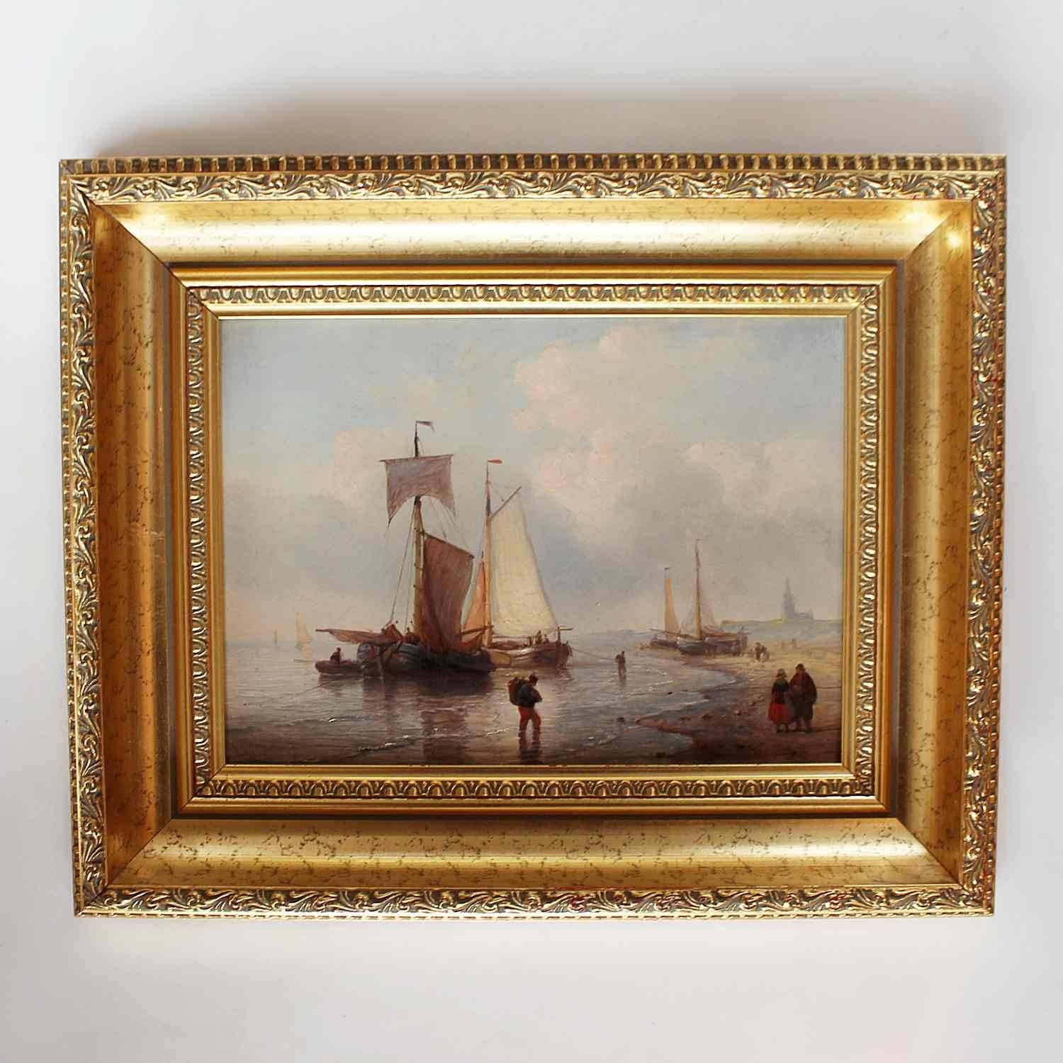 'Fishing Boats on the Shore', an oil on board study of Dutch fishing boats off the shore of Scheveningen beach. Signed G.W. Opdenhoff to lower left. Set in a later gilt frame. 

George Willem Opdenhoff was born in 1807 in Fulda Netherlands. He was