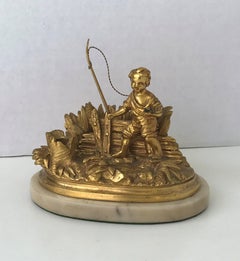 Fishing Boy Bronze D'ore Writing Desk Organizer, France, 19th Century