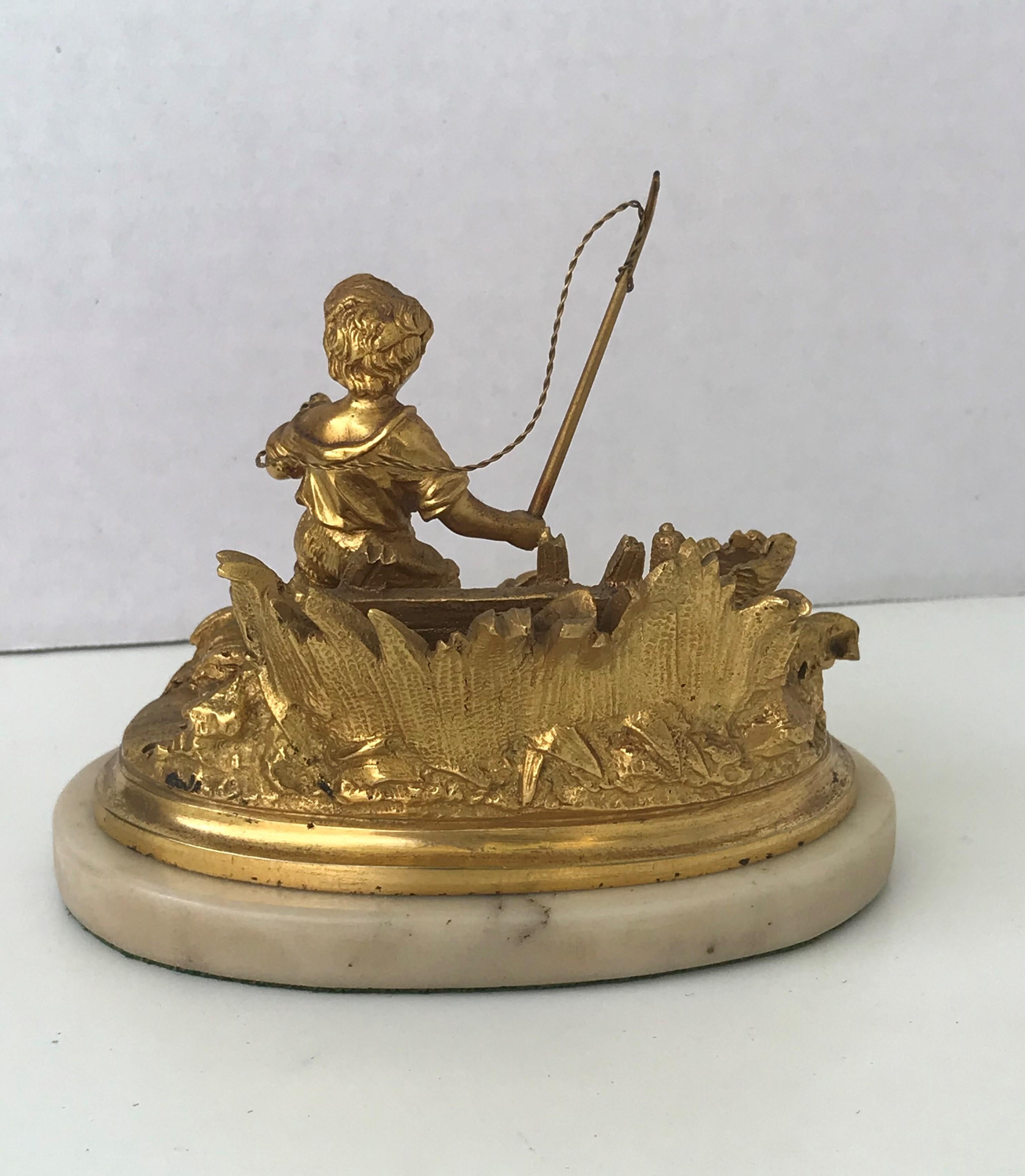 Belle Époque Fishing Boy Bronze D'ore Writing Desk Organizer, France, 19th Century