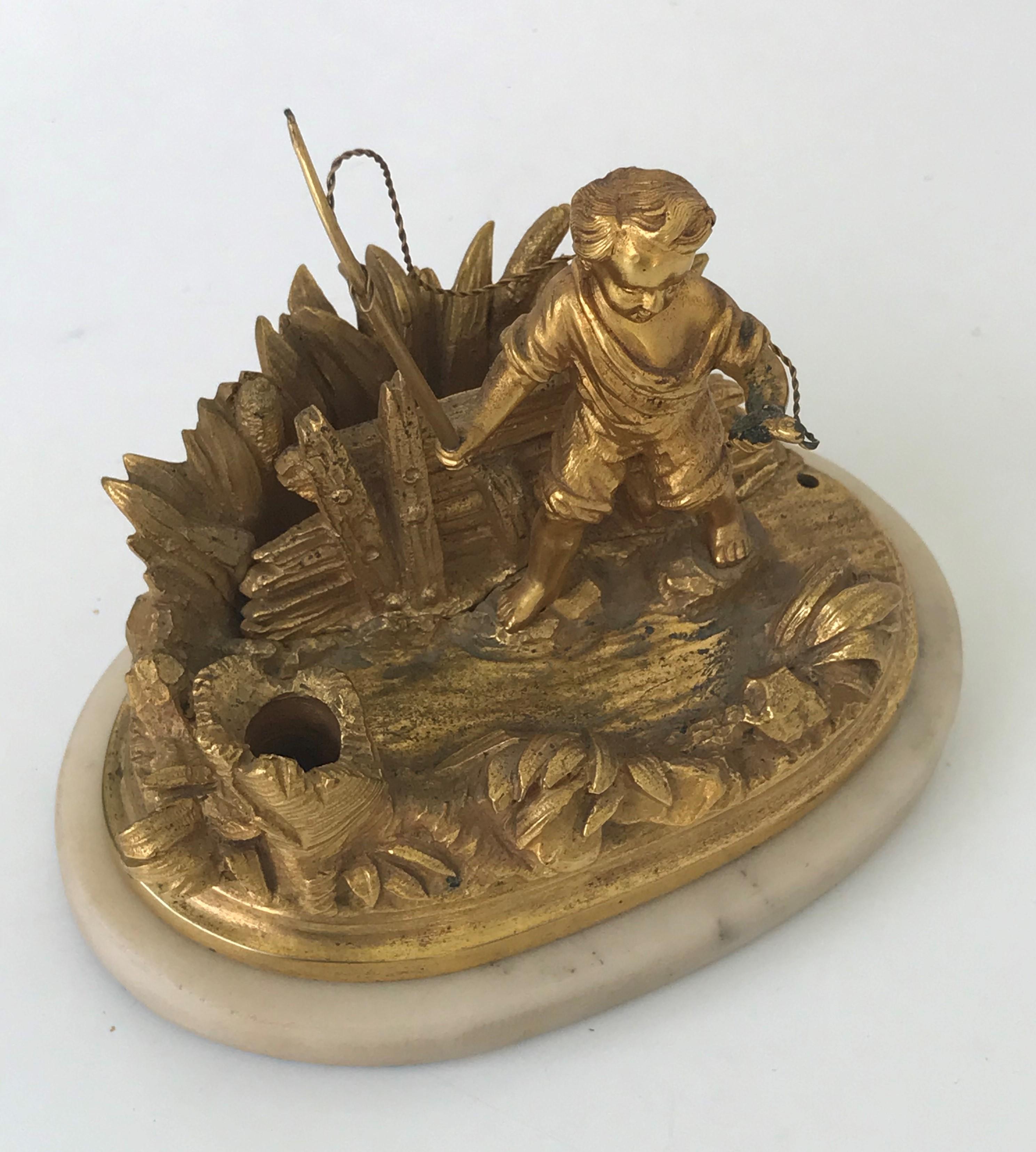 Gilt Fishing Boy Bronze D'ore Writing Desk Organizer, France, 19th Century