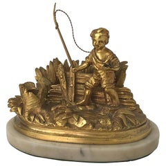 Fishing Boy Bronze D'ore Writing Desk Organizer, France, 19th Century