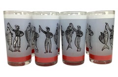 Fishing Fishermen Highball Glasses by Libbey - Set of 8 With Caddy