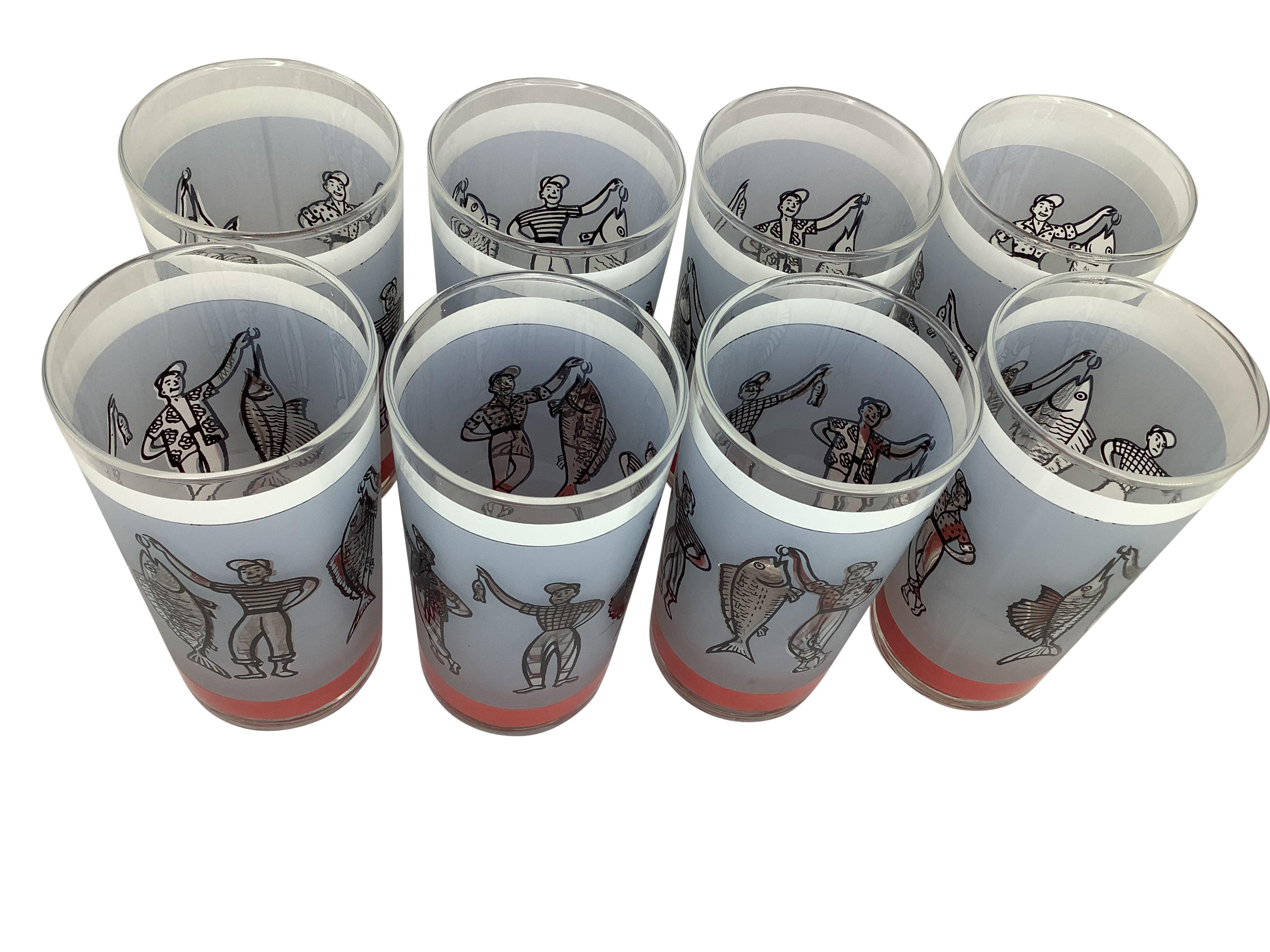 Mid-Century Modern Fishing Fishermen Highball Glasses by Libbey - Set of 8 With Caddy For Sale