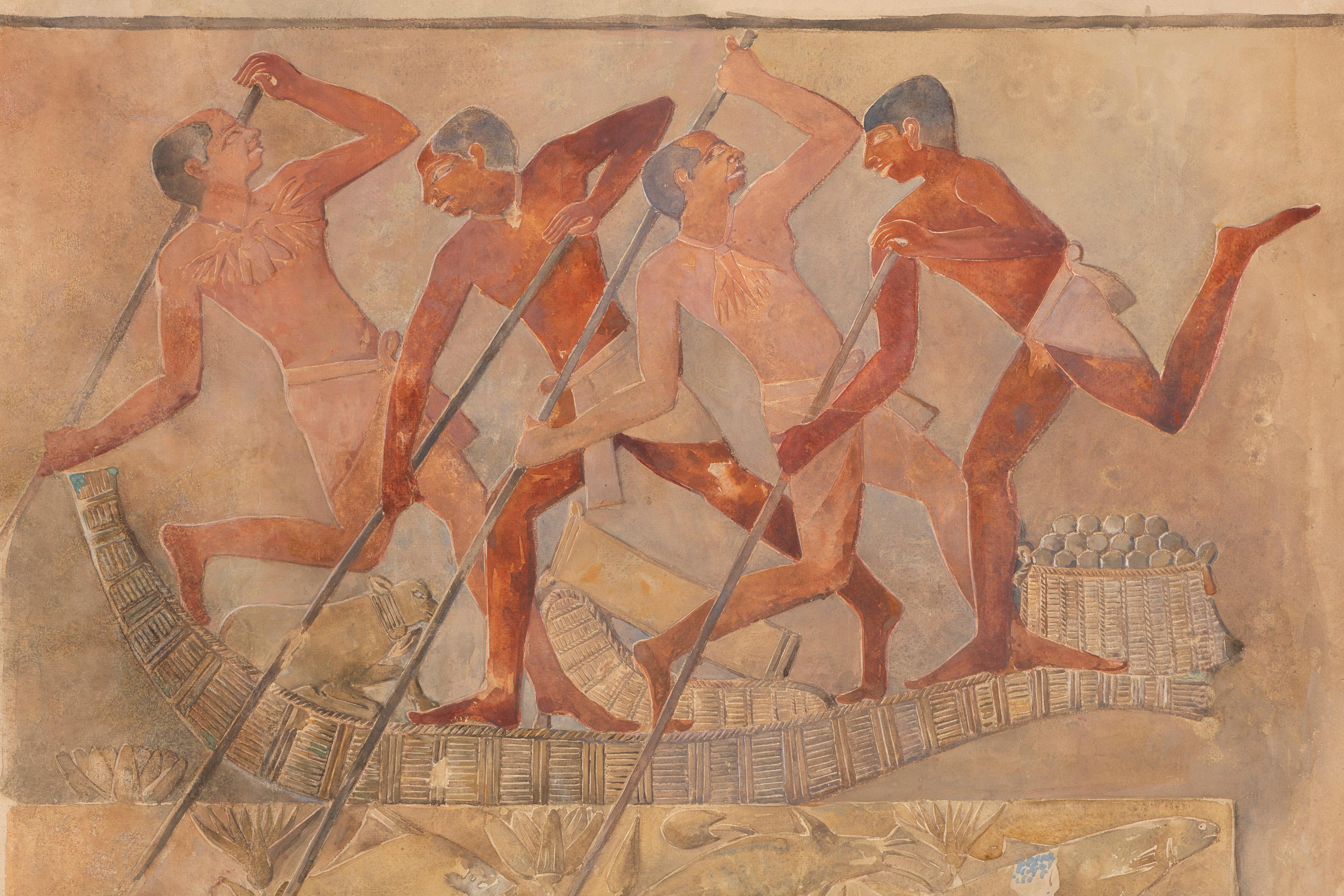Wonderful watercolor and chalk work on paper by French painter, Lucienne Epron (1876-1947). Painted in the Egyptian Revival period, popular decorative arts style from 1880 through the 1930s. Depicting scenes from walls of ancient Egyptian temples or