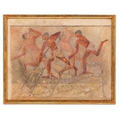 "Fishing in the Marsh", encadré, aquarelle, tablier Luicenne, 1876-1947, France