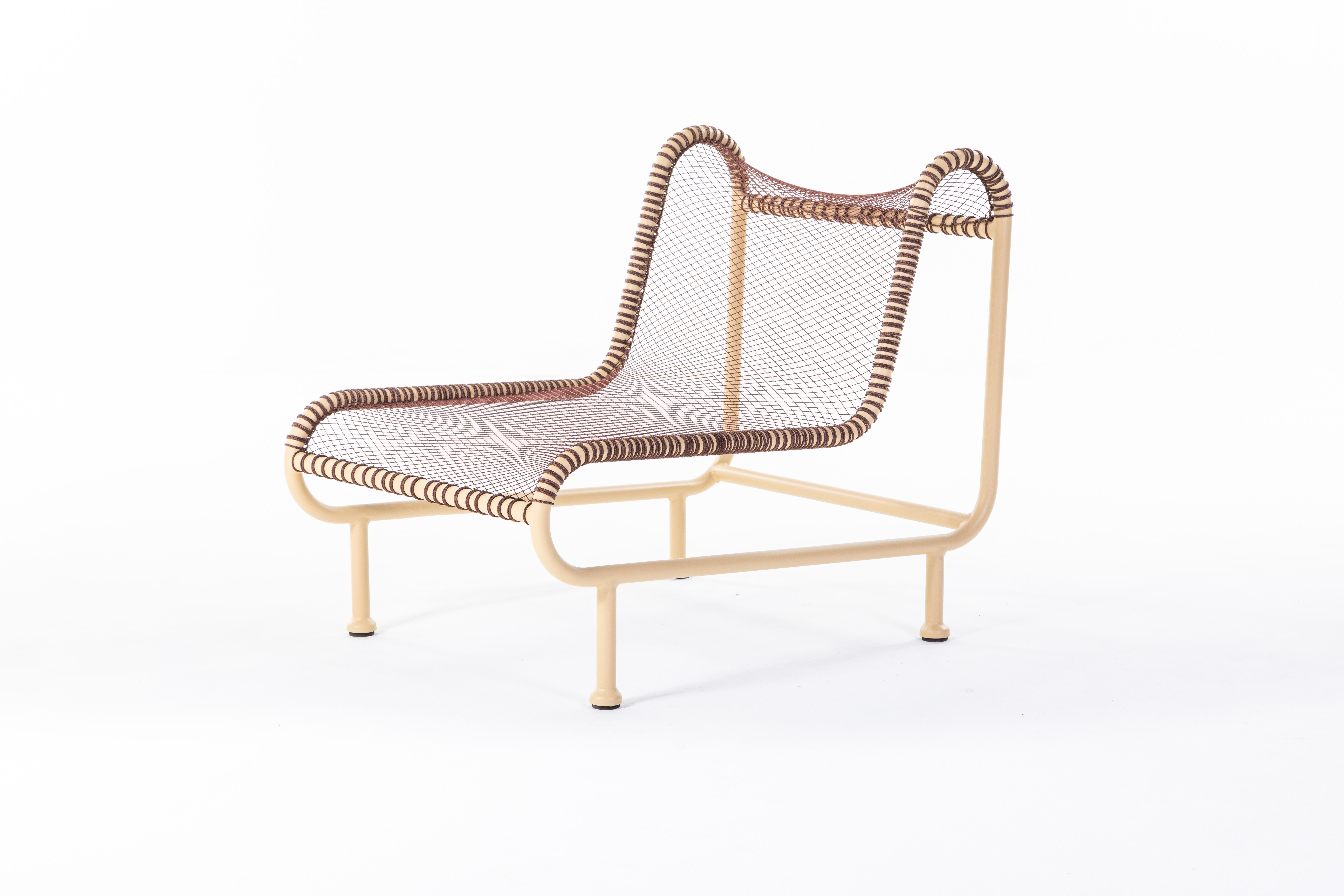 Grand Ribaud lounge chair, powder coated steal and fishing net by 13 Desserts. 
Designed by Thomas DEFOUR, edited by 13Desserts.

The Grand Ribaud armchair is designed for “lazing around” in extreme conditions. It is made using techniques tradi-