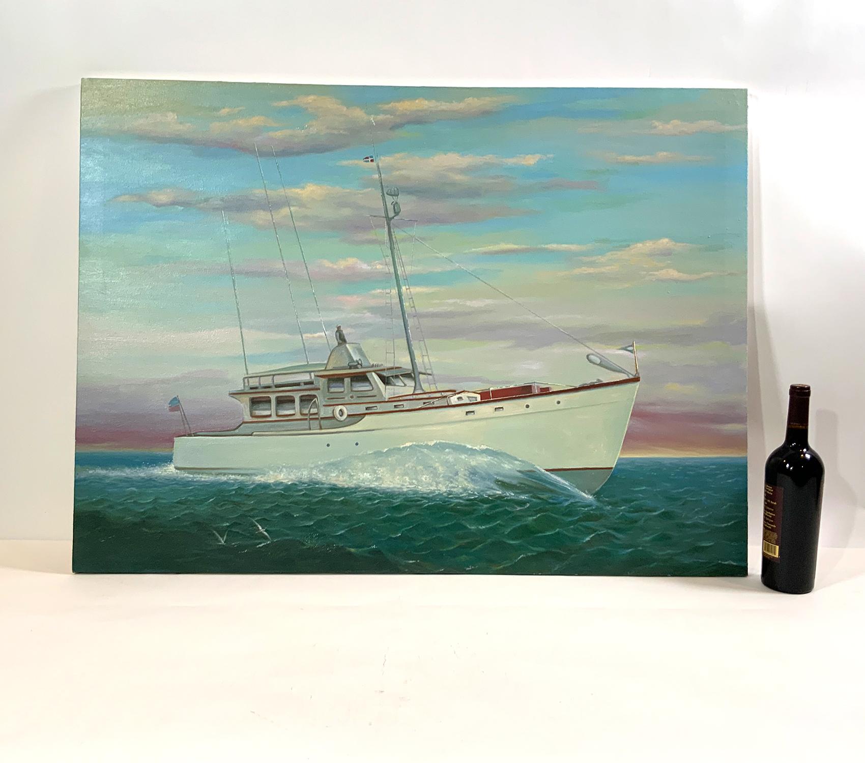 Large sport fishing yacht heading out to sea. The captain is atop the flying bridge. Vessel is fitted with outriggers. Burgees are flying. Oil on canvas with gallery wrap over wood frame. Signed lower right A. Santuango.

Weight: 6 LBS
Overall
