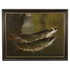 Fishing Oil Painting of Two Pike, Oil on Canvas by Roland Knight, Sporting Art.