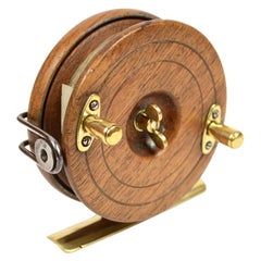 Antique Fishing Reel Made of Turned Oak and Brass, UK, Early 1900s