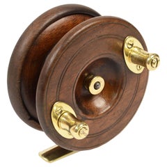 Antique Fishing Reel Made of Turned Oak and Brass, UK, Early 1900s