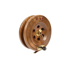 Antique Fishing Reel of Turned Oak and Brass, 1900