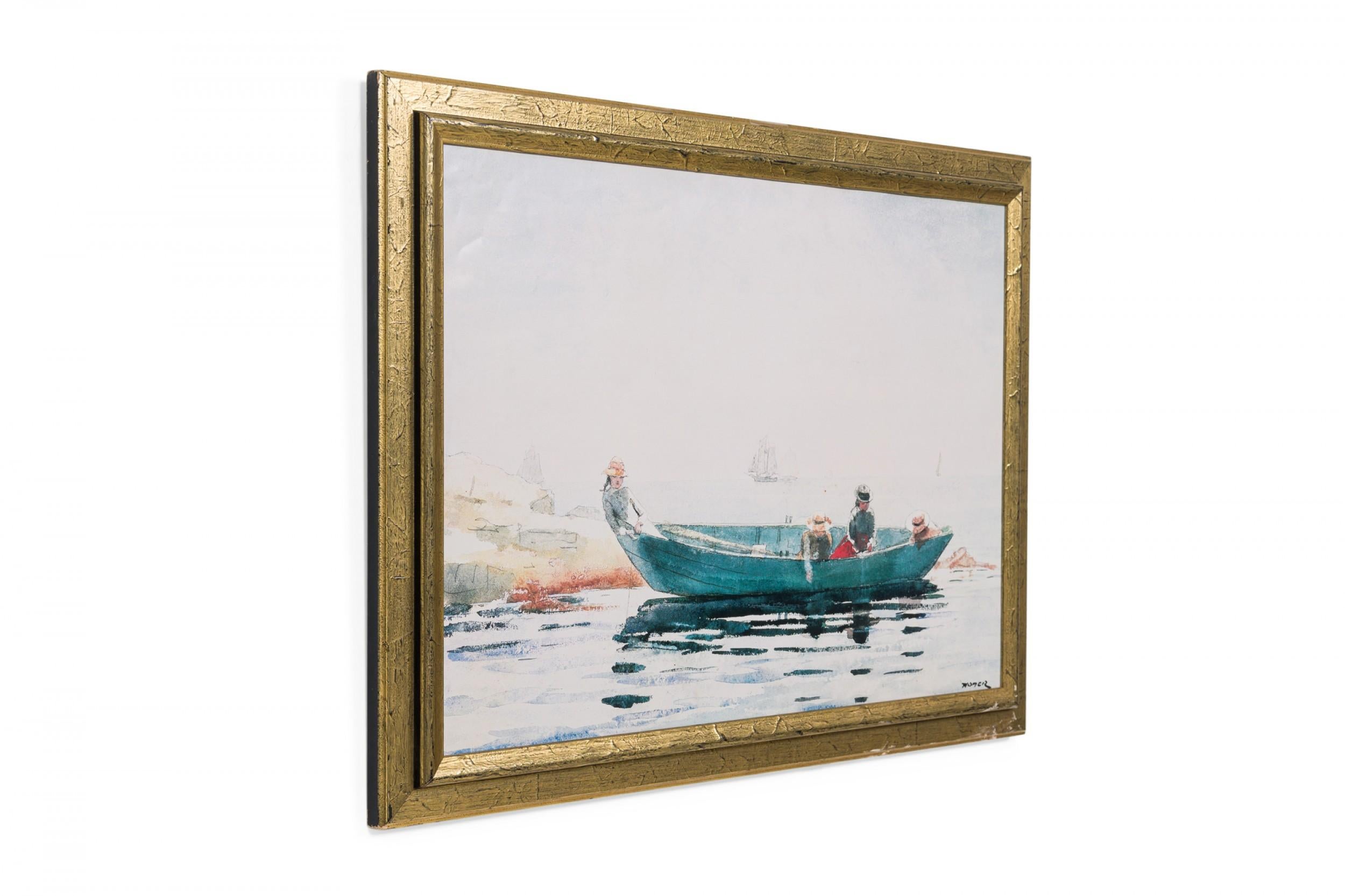 Copy of an impressionist seascape painting showing people fishing from a rowboat