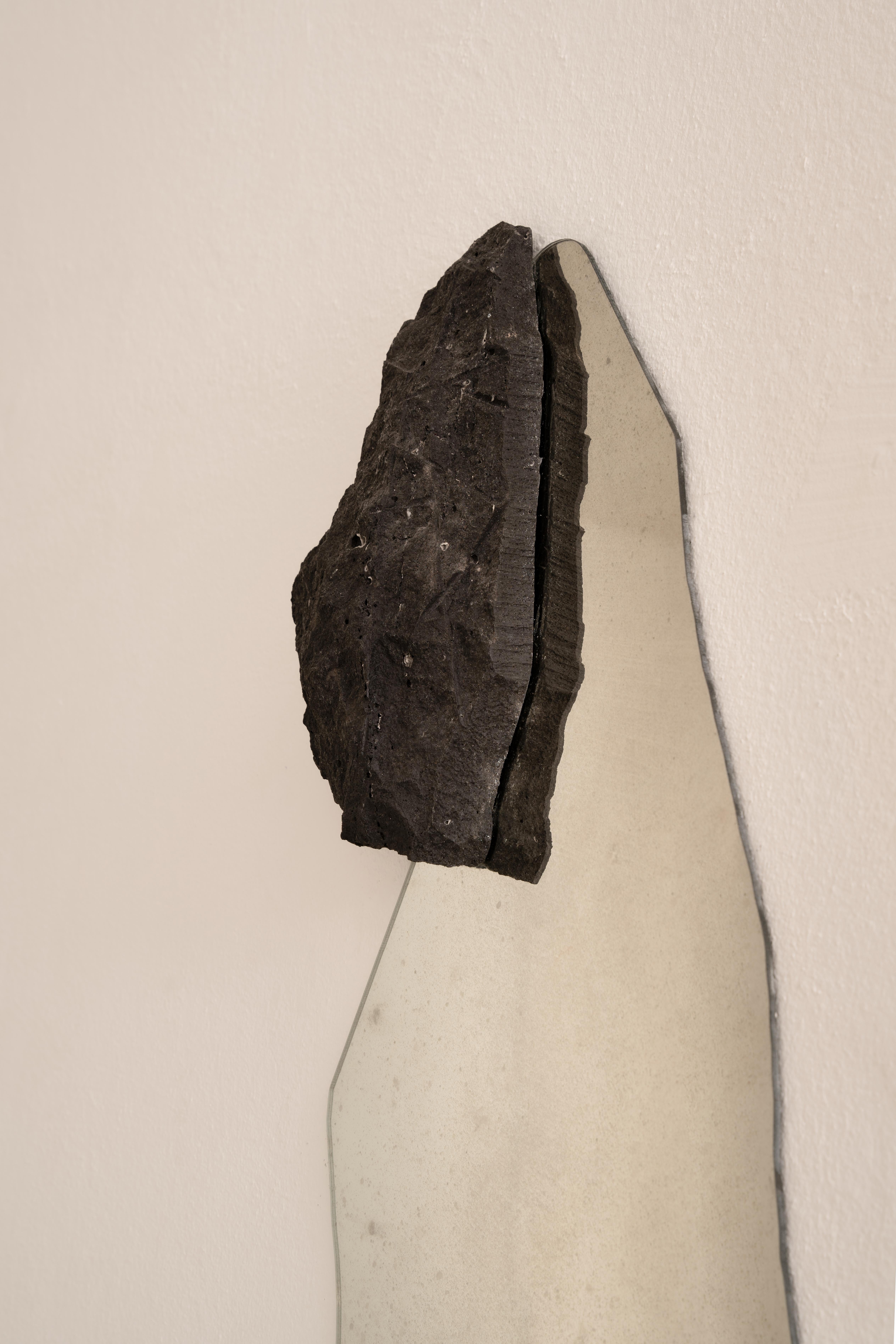 Post-Modern Irregular Shape Wall Mirror with Rough Black Stone by Andres Monnier For Sale