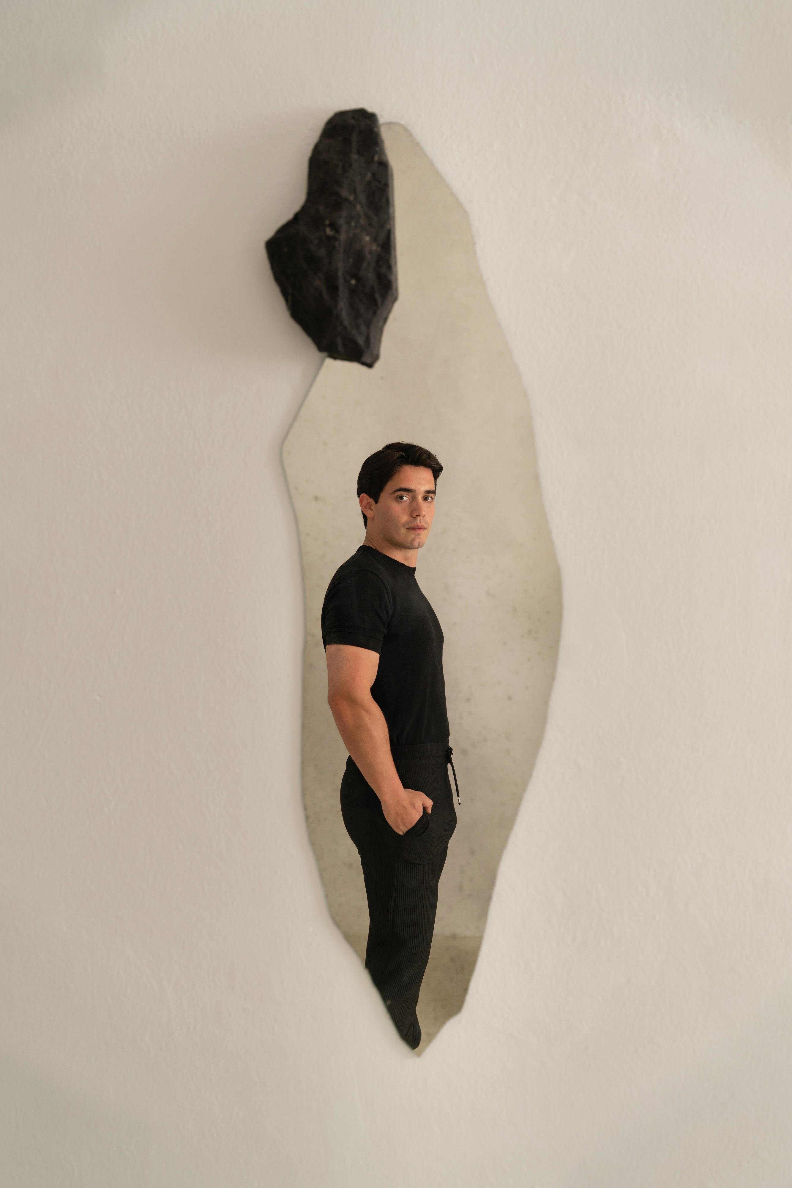 Other Irregular Shape Wall Mirror with Rough Black Stone by Andres Monnier For Sale