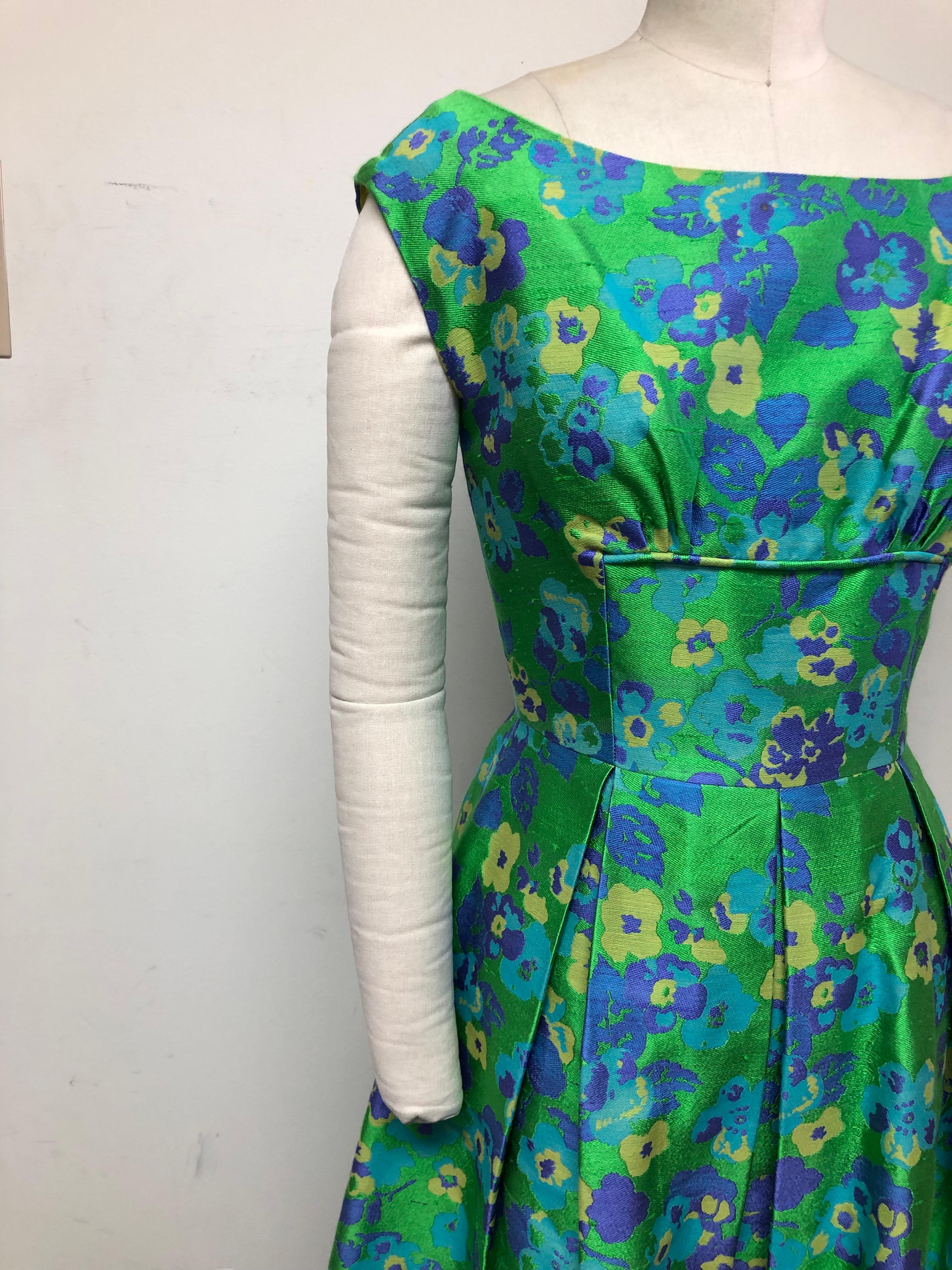 Fit and Flare Purple /Green Floral with Bodice Cording in French Jacquard In Excellent Condition For Sale In Los Angeles, CA