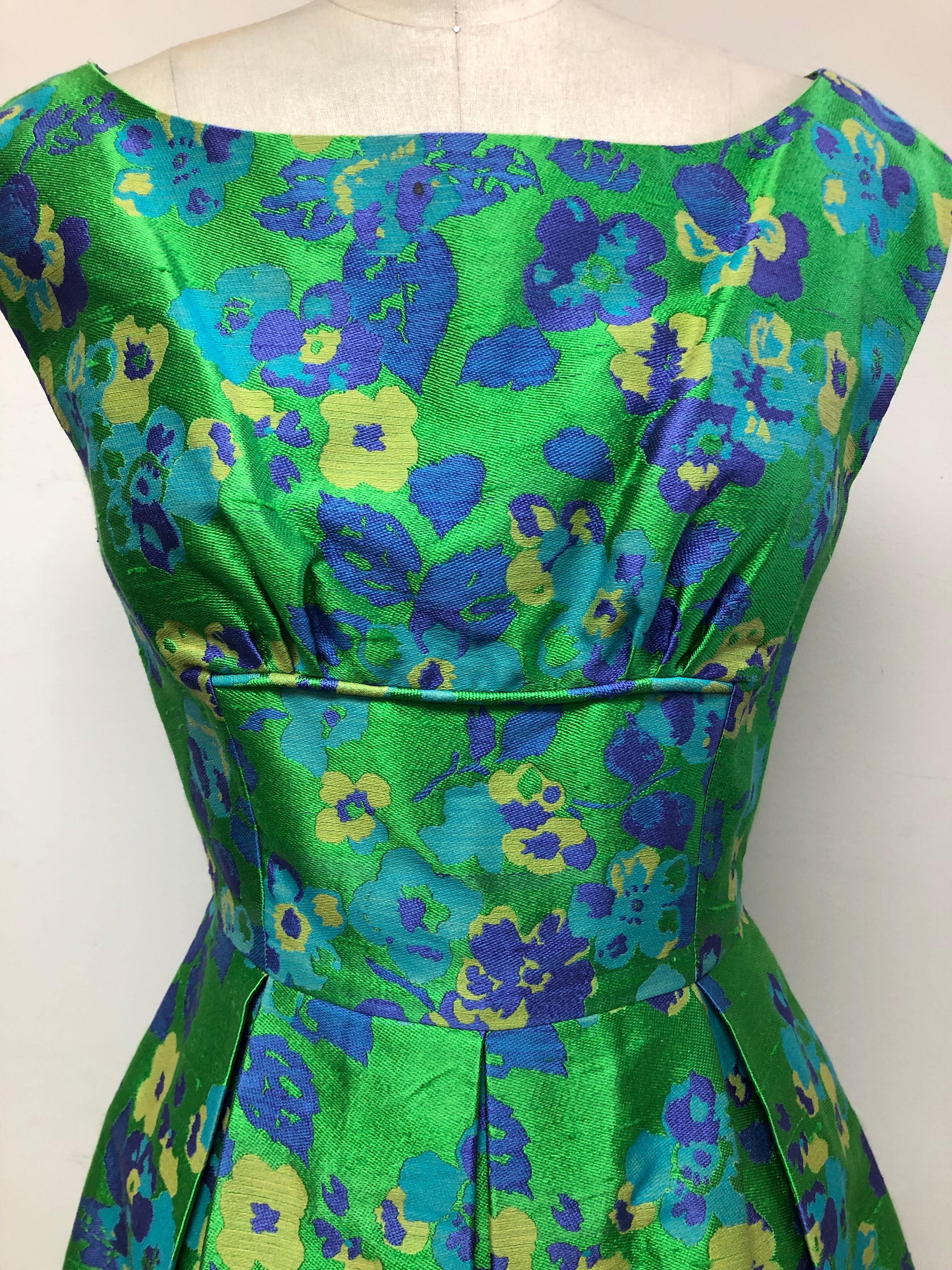 Fit and Flare Purple /Green Floral with Bodice Cording in French Jacquard For Sale 1