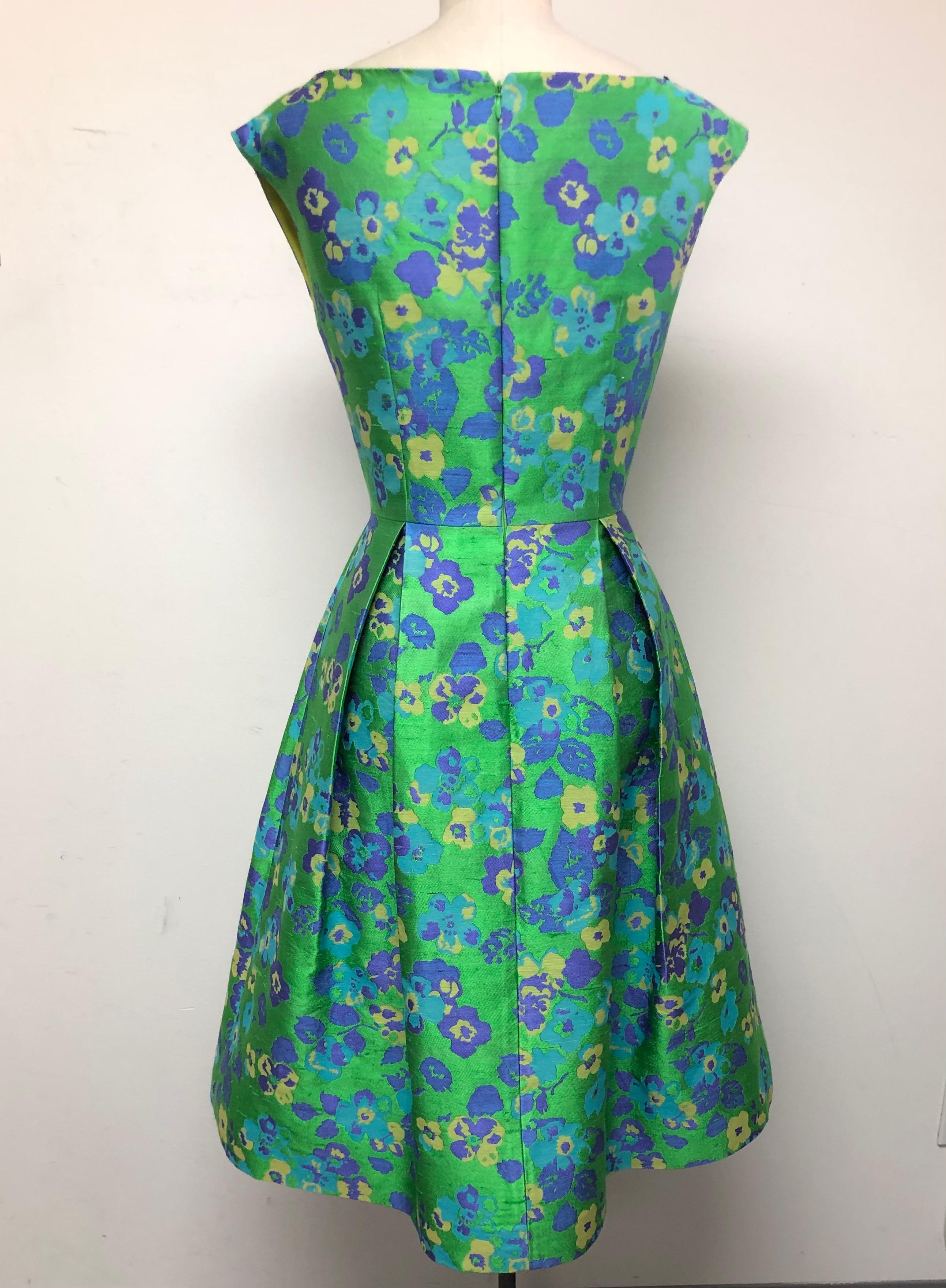Fit and Flare Purple /Green Floral with Bodice Cording in French Jacquard For Sale 2