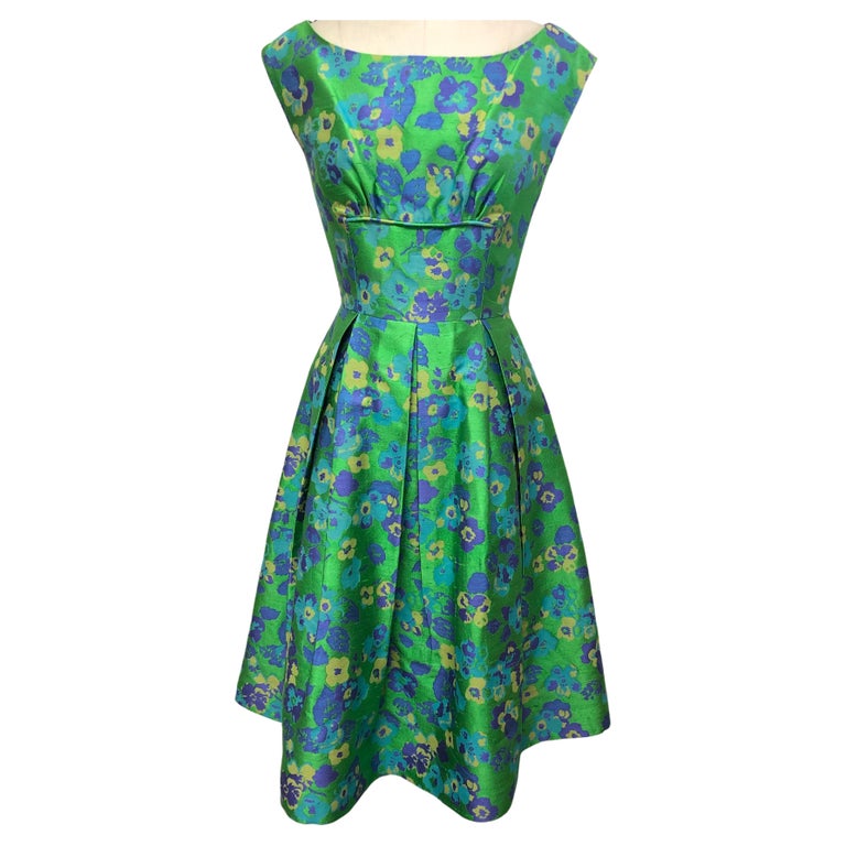 Purple /Green Silk Floral Vintage Dress with Bodice Cording in French  Jacquard For Sale at 1stDibs