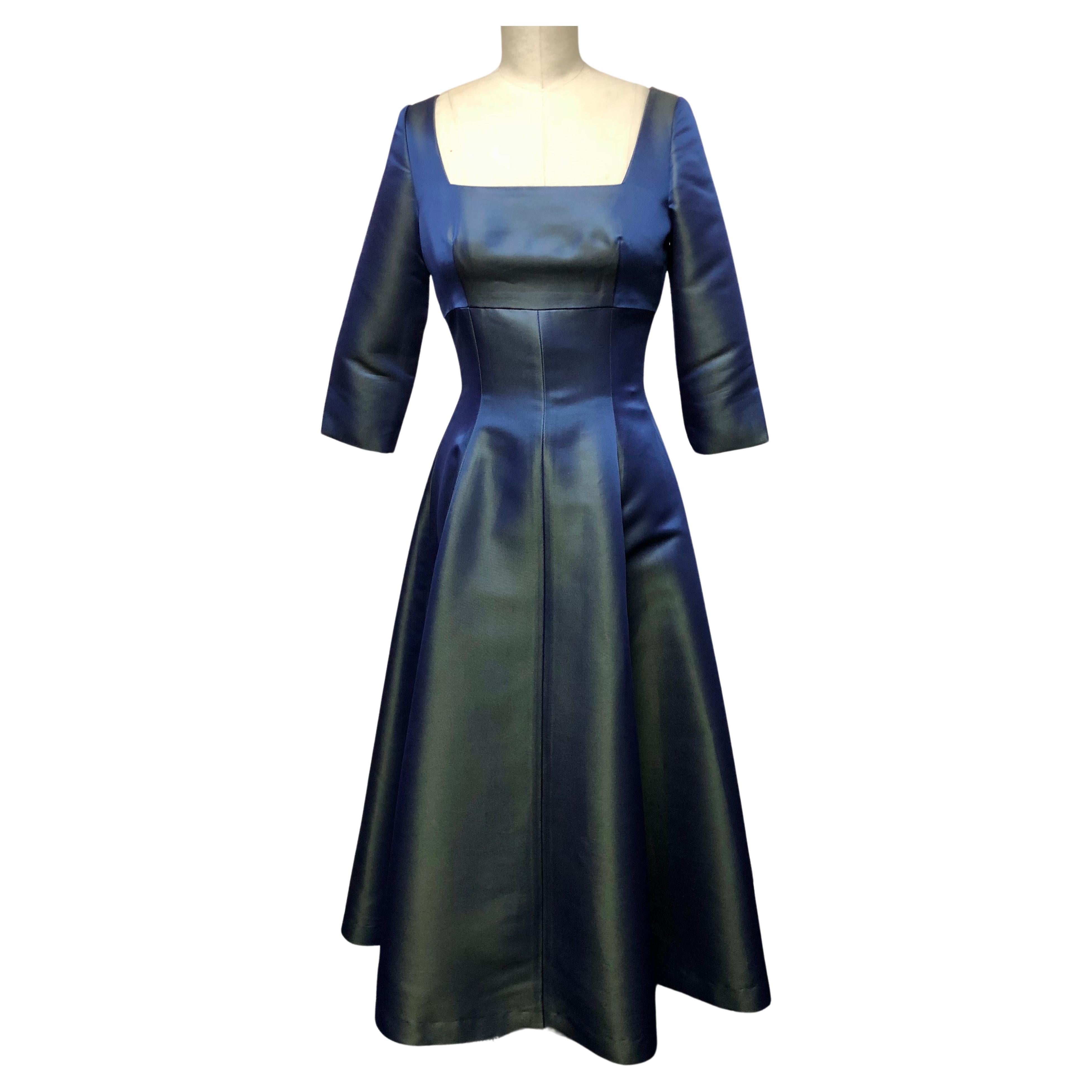 Fit & Flare Dress in Iridescent Satin with Square Neck and 3/4 Sleeve  For Sale