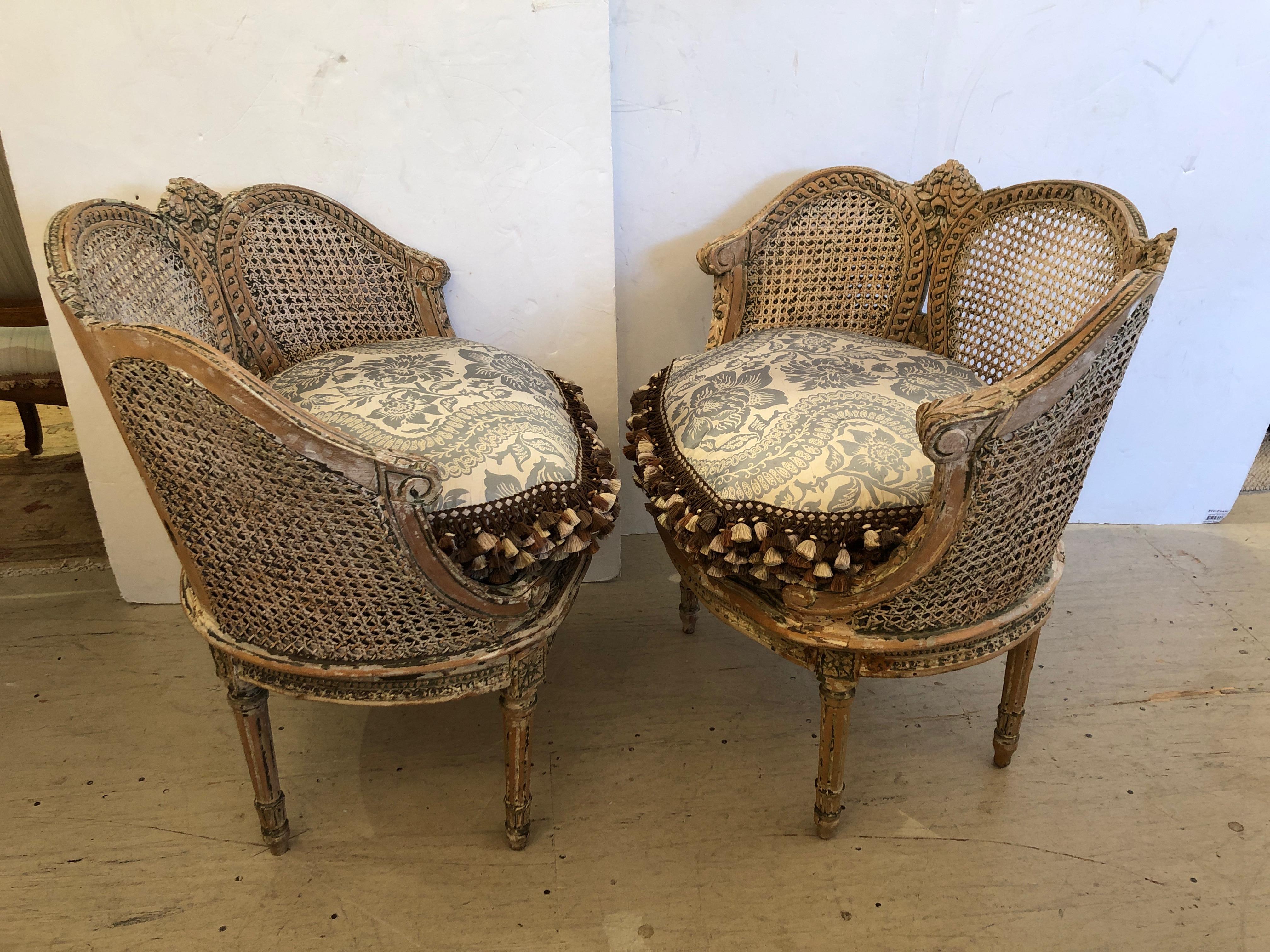 Fit for a Princess Pair of Louis XVI Painted Carved Wood and Double Caned Chairs 14