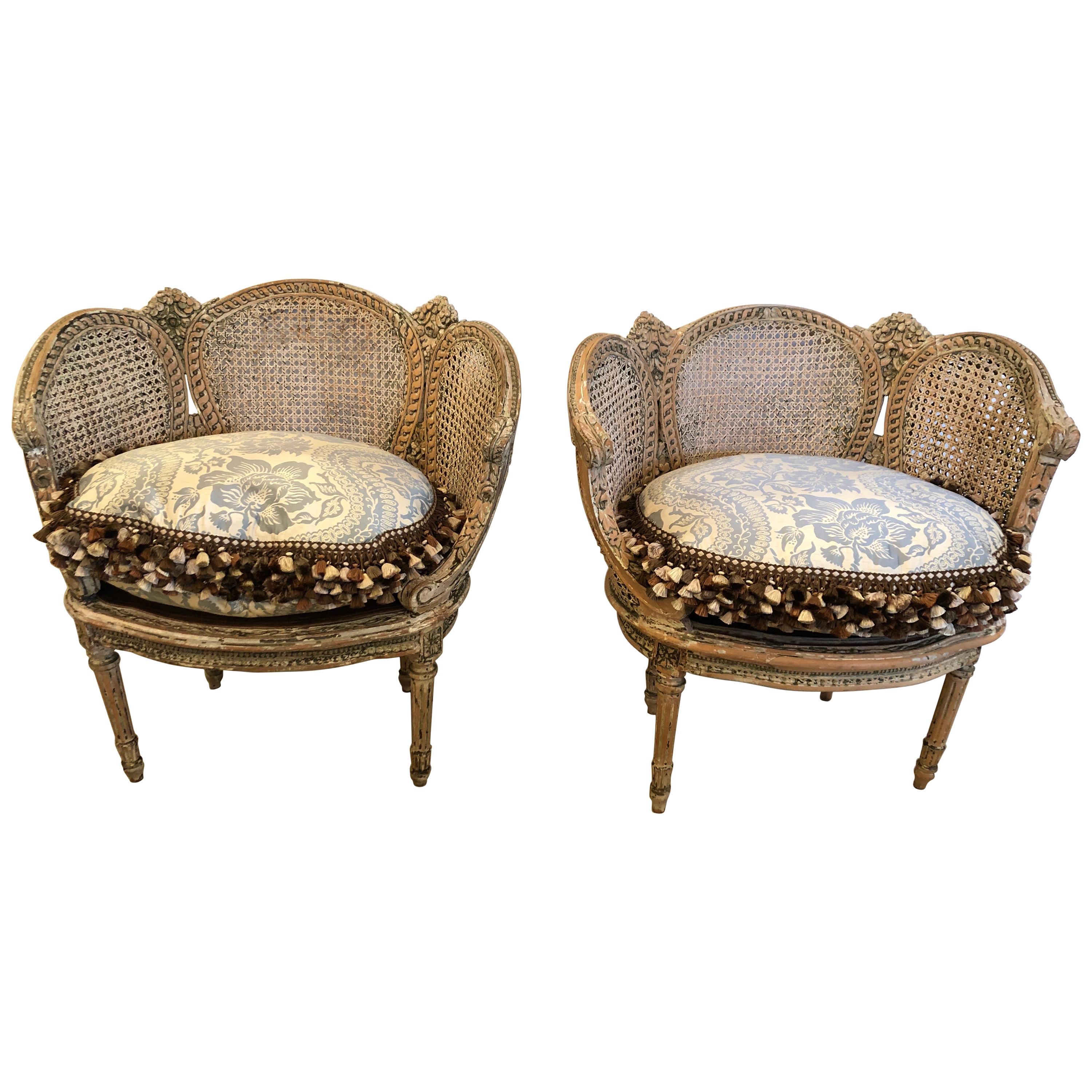 Fit for a Princess Pair of Louis XVI Painted Carved Wood and Double Caned Chairs