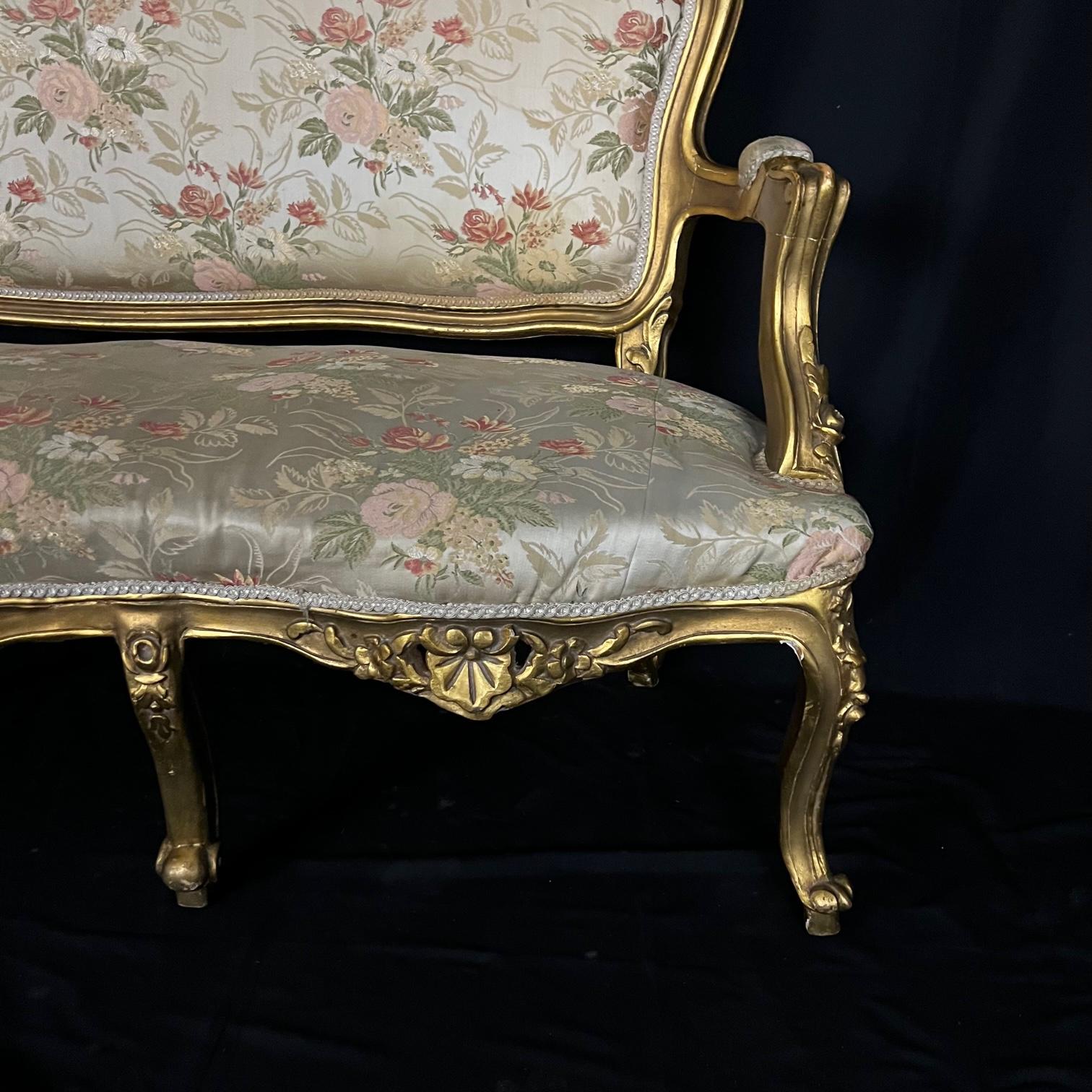 french style gold gilt medium patterned silk sofa