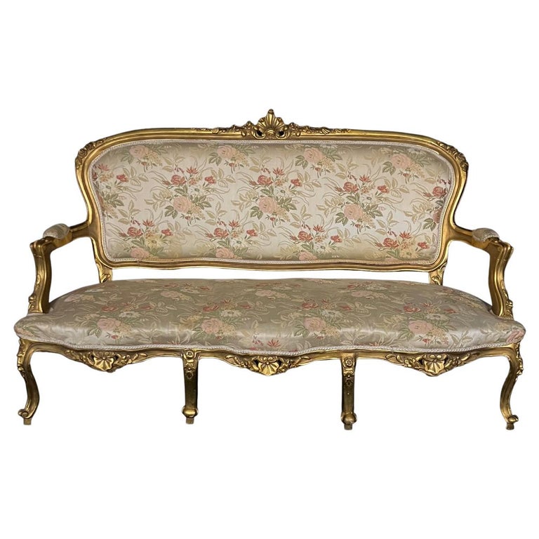 Antique French Louis XV Walnut Gold Velvet Tapestry Sofa plus 4