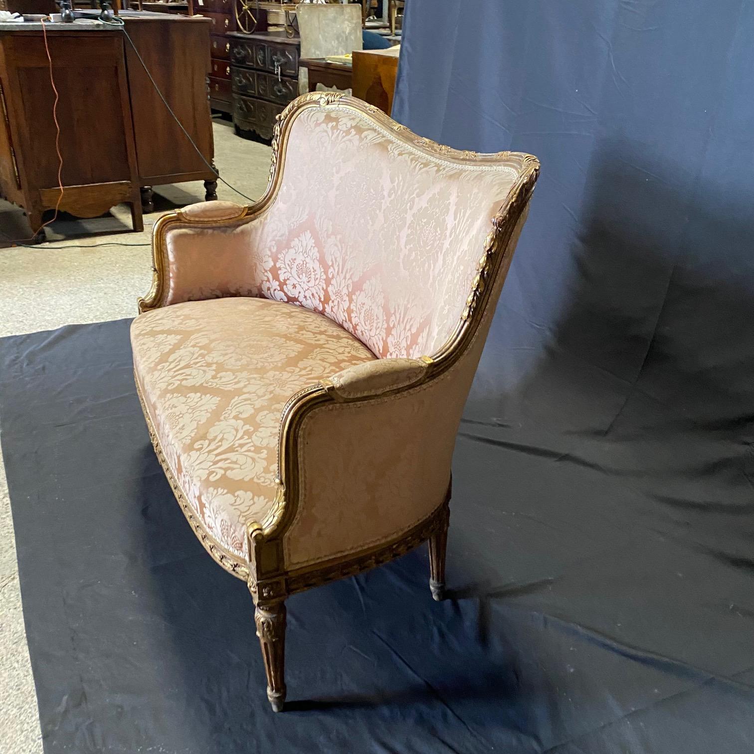 Louis XVI Fit for a Queen Giltwood & Rose Damask Sofa from Salon Suite For Sale