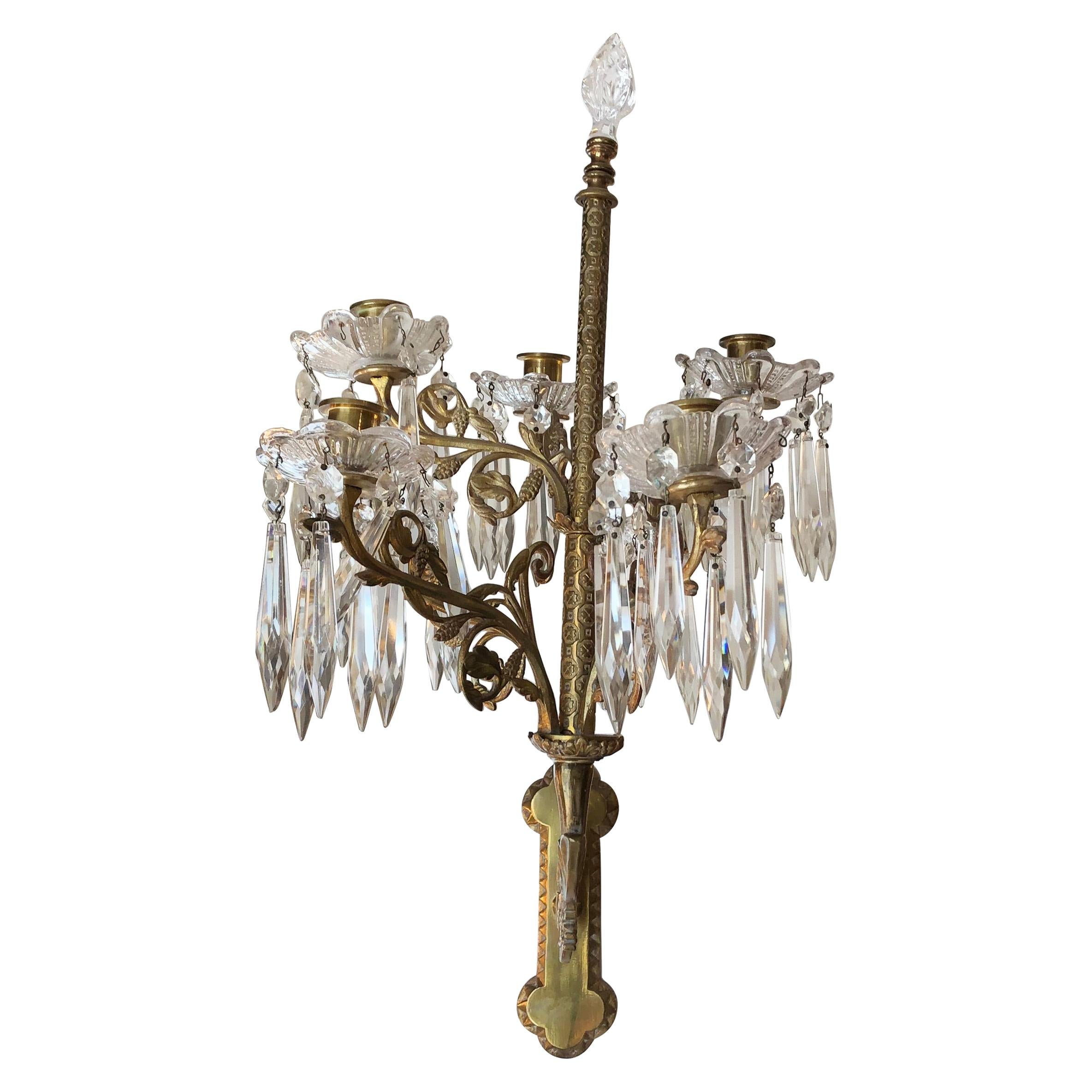 Fit for Royalty Ornate Cast Bronze and Crystal Candle Sconces For Sale