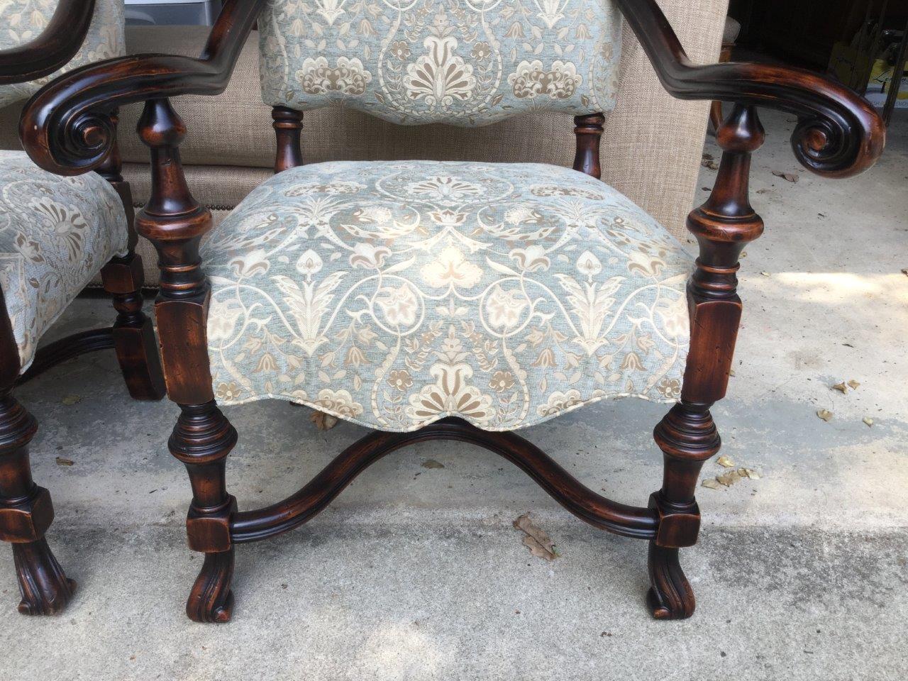 Fit for Royalty Pair of English Style Velvet Arm Chairs with Walnut Frames In Good Condition In Hopewell, NJ