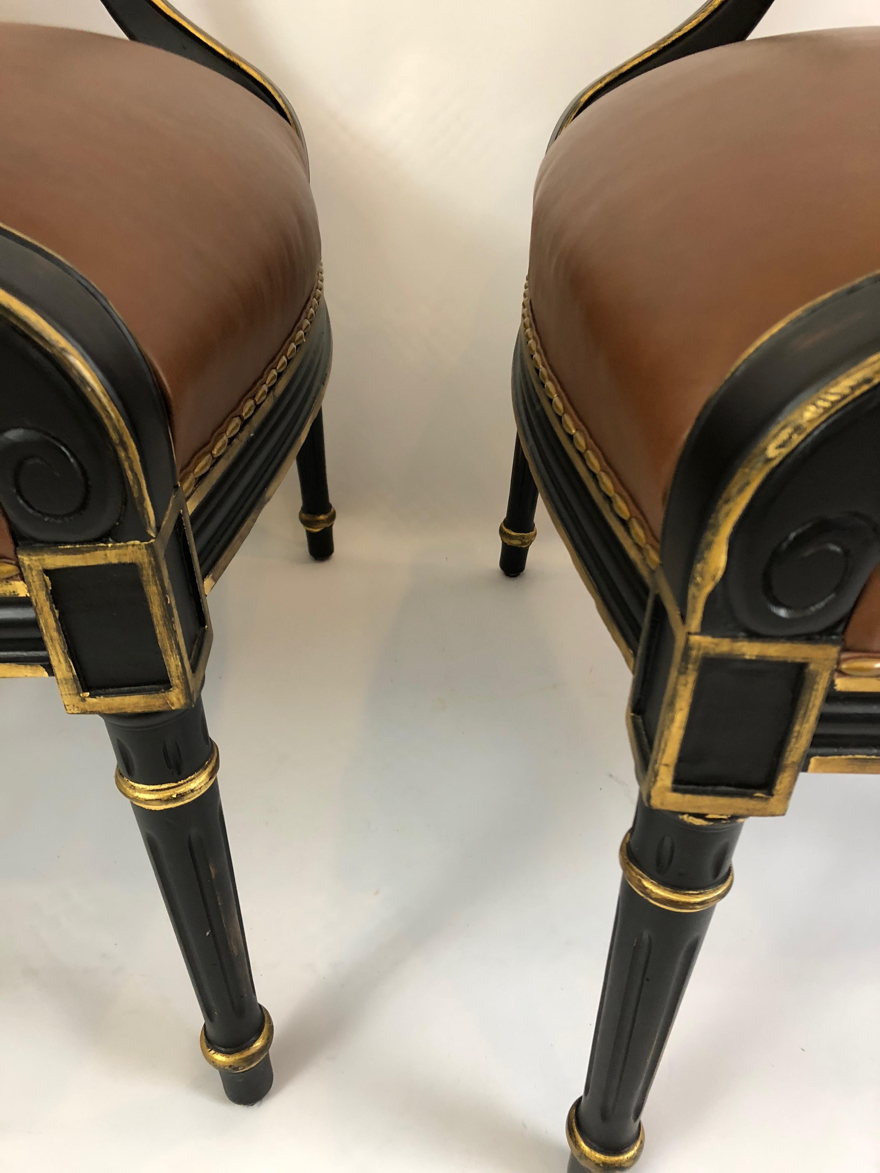 Century Pair of Supple Brown Leather and Ebonized Gilded Armchairs  For Sale 4