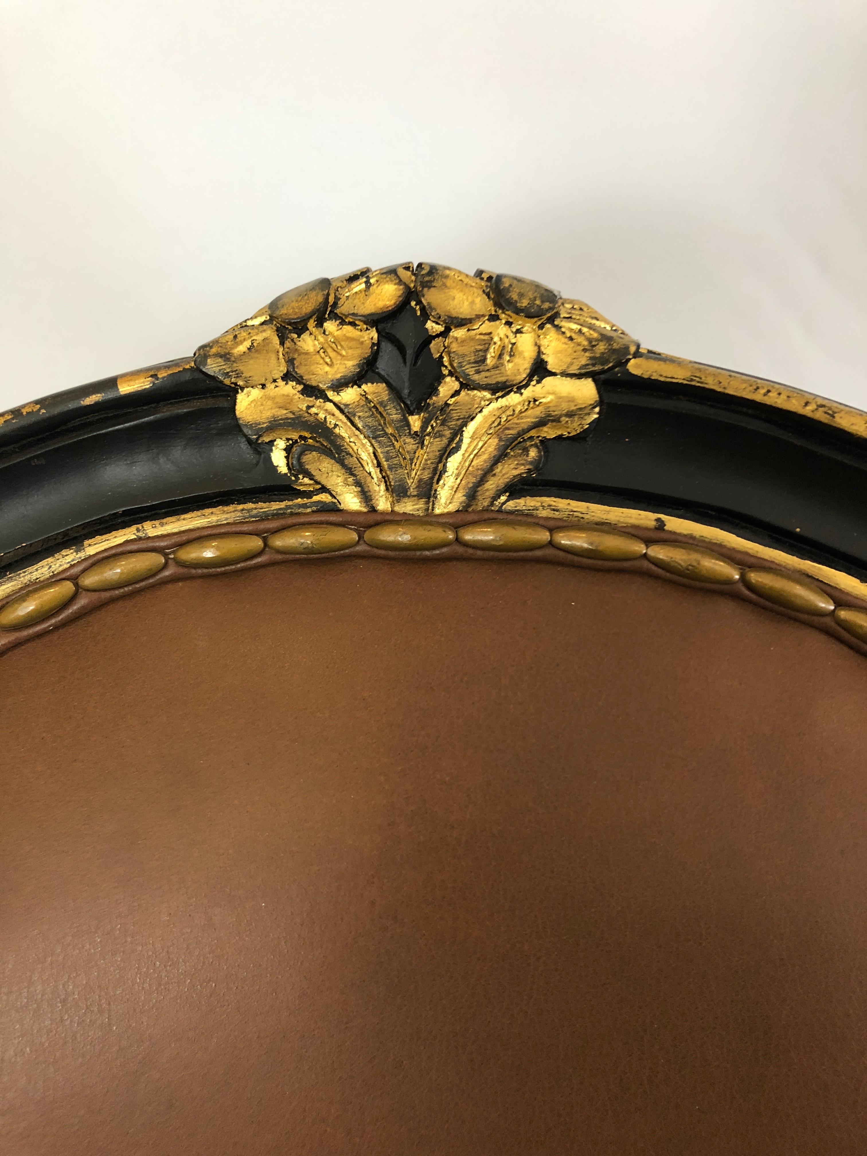 Late 20th Century Century Pair of Supple Brown Leather and Ebonized Gilded Armchairs  For Sale