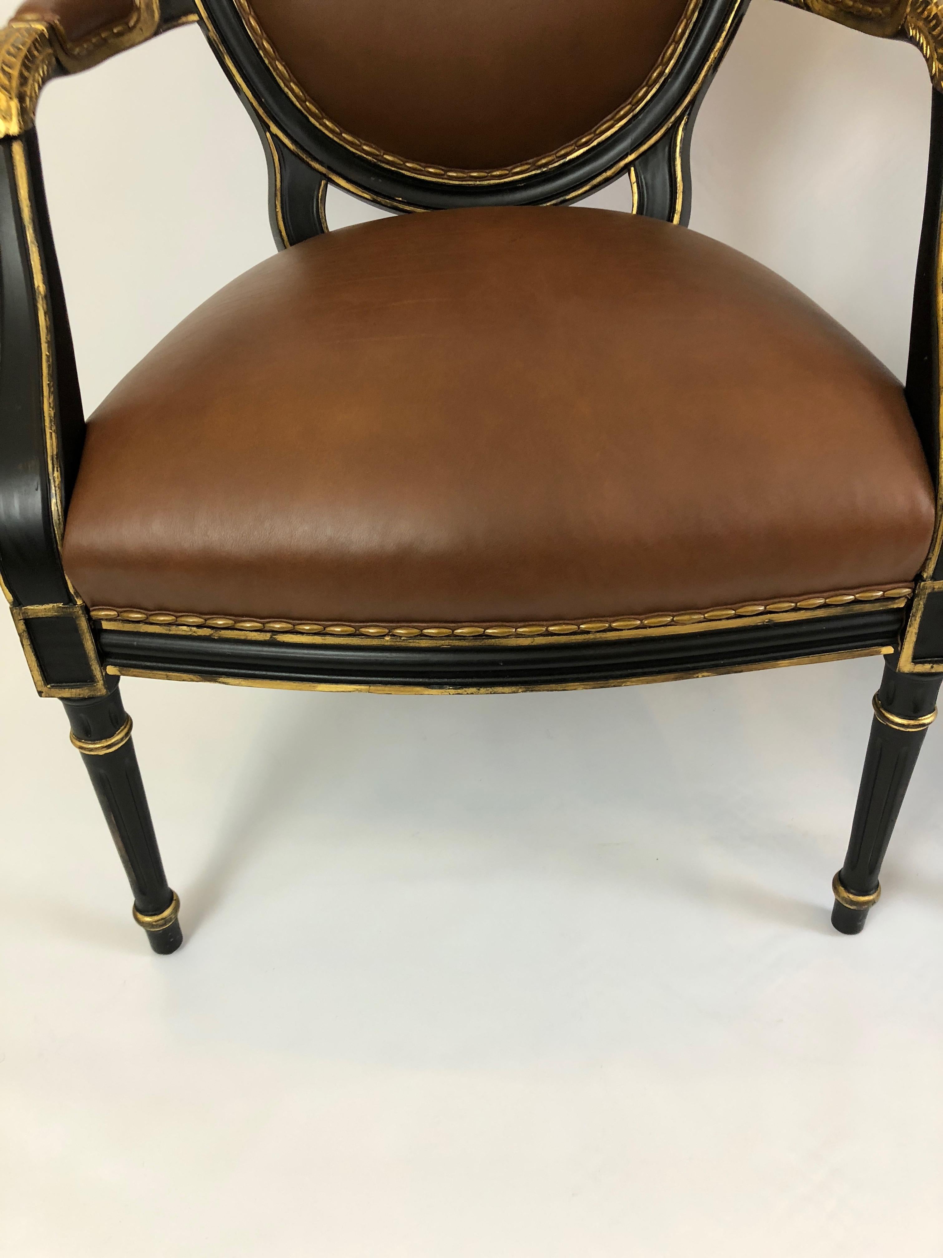 Century Pair of Supple Brown Leather and Ebonized Gilded Armchairs  For Sale 1