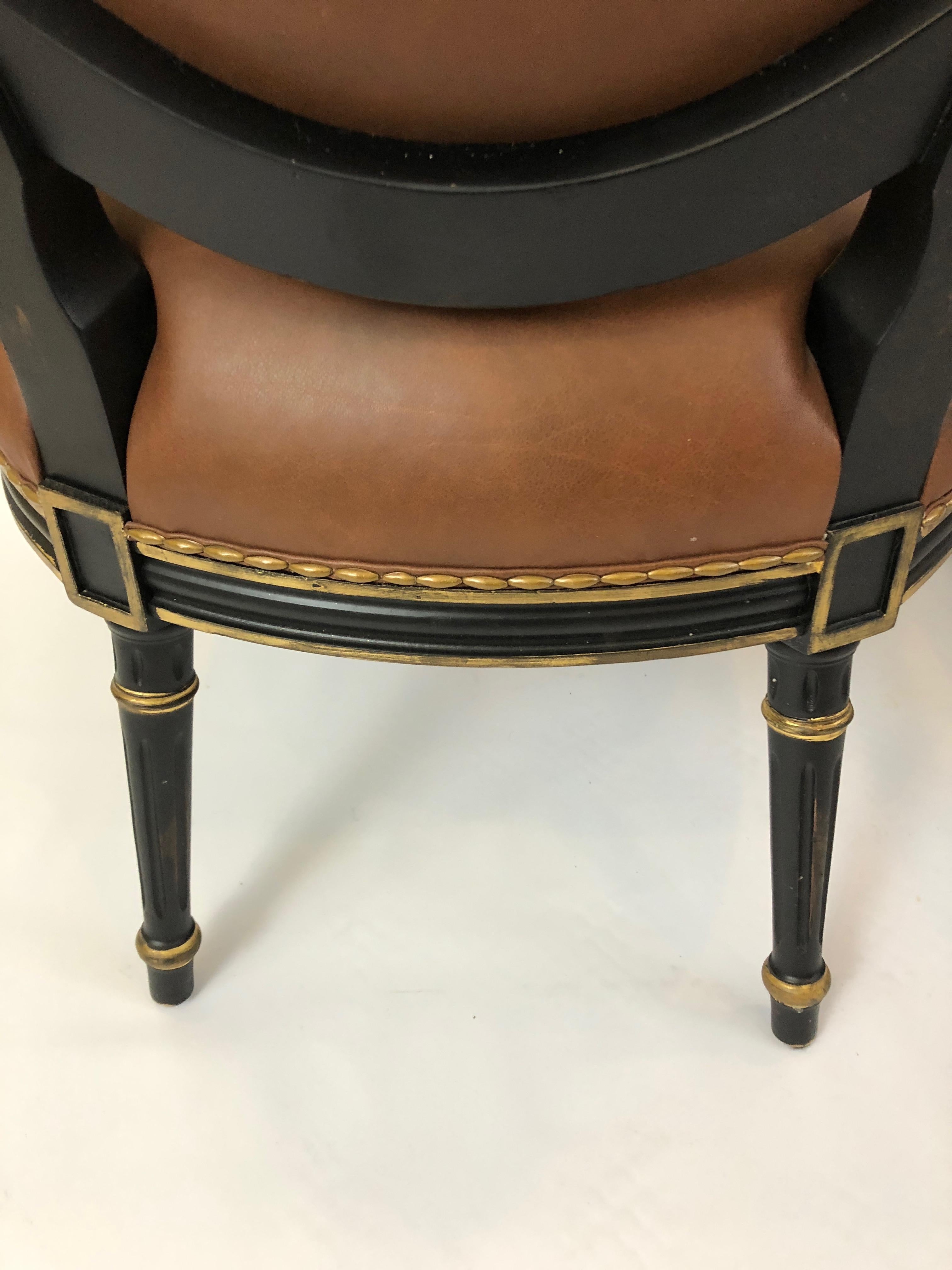 Century Pair of Supple Brown Leather and Ebonized Gilded Armchairs  For Sale 2