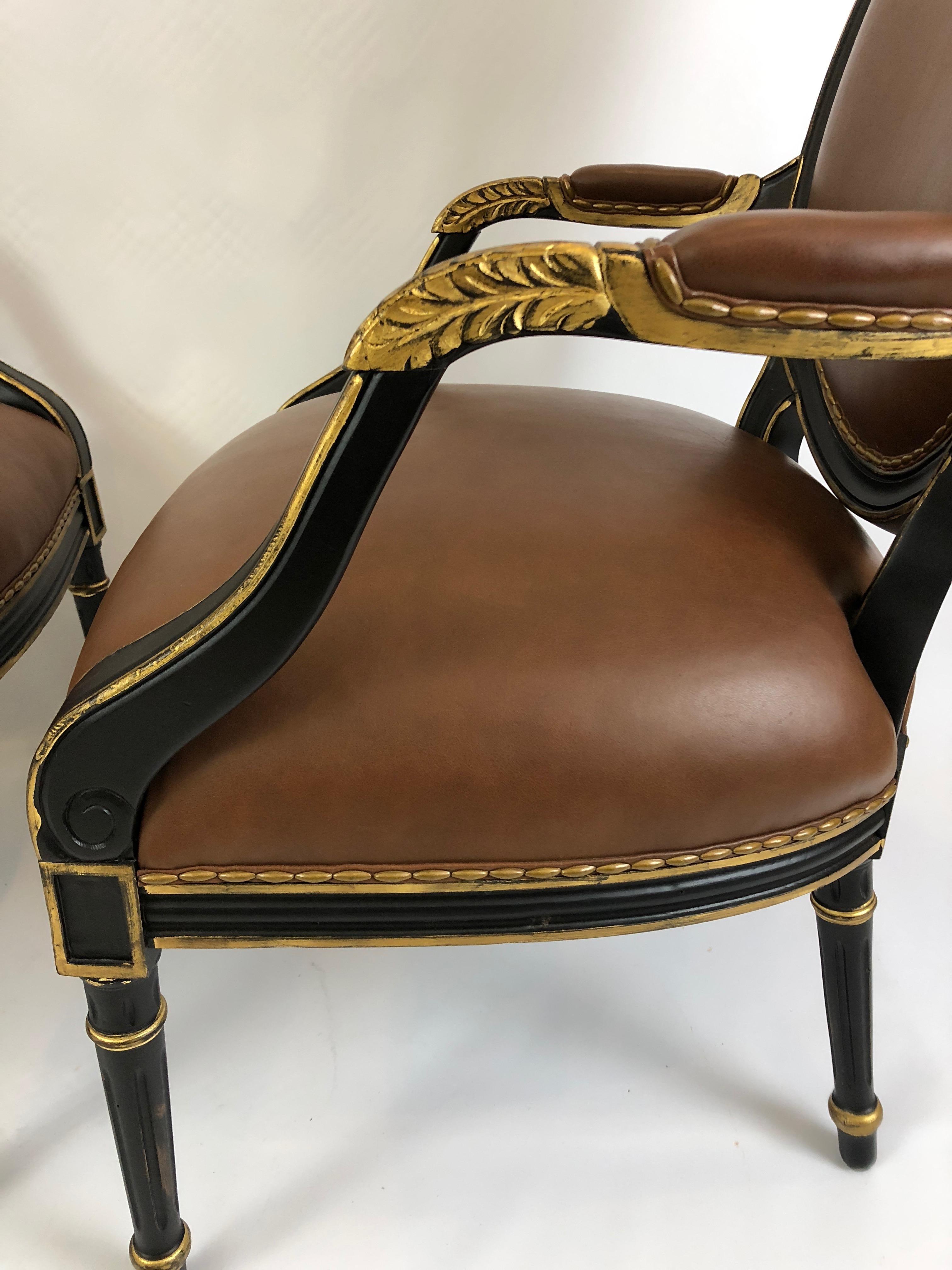 Century Pair of Supple Brown Leather and Ebonized Gilded Armchairs  For Sale 3
