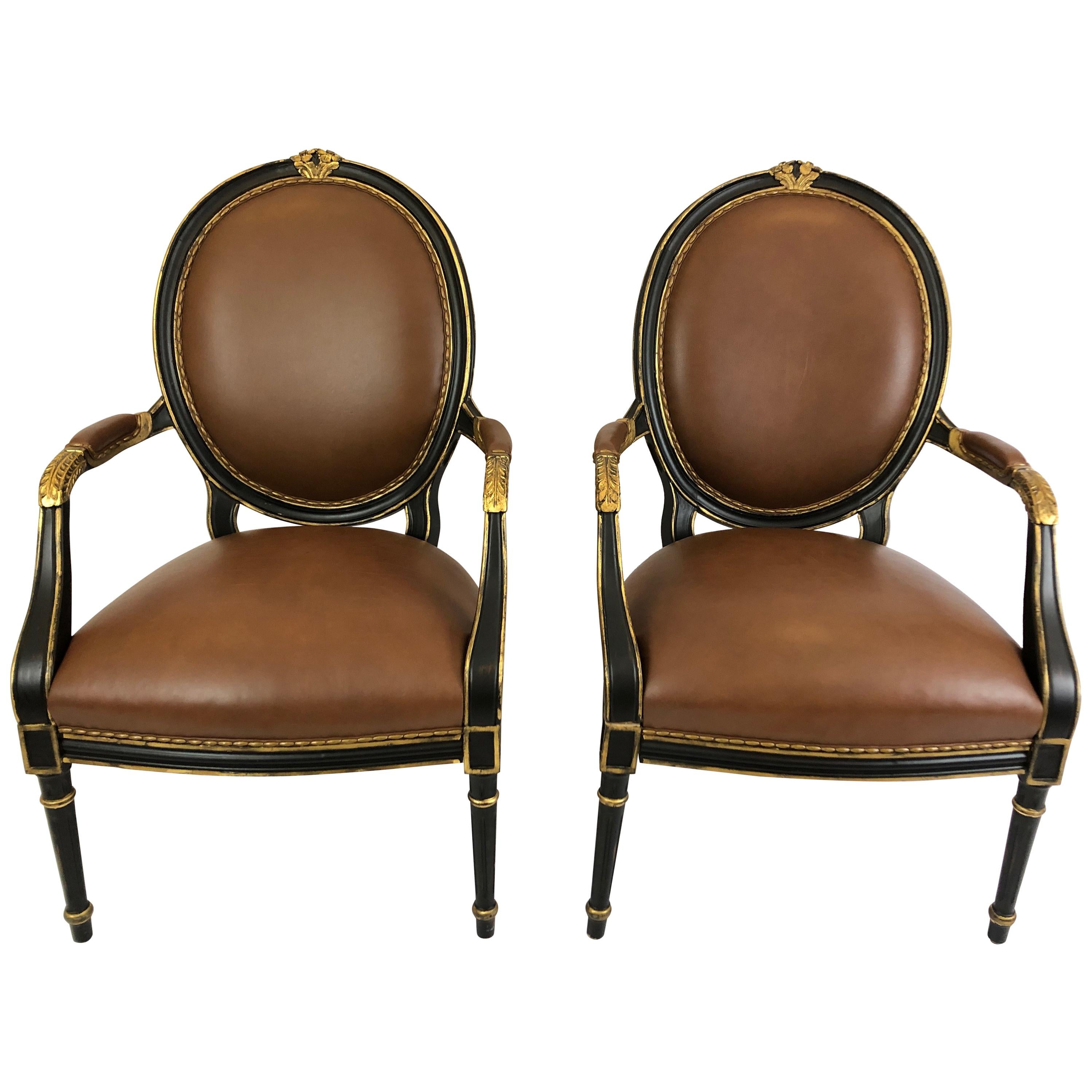 Century Pair of Supple Brown Leather and Ebonized Gilded Armchairs  For Sale