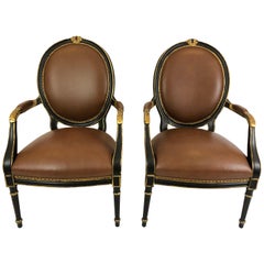 Vintage Century Pair of Supple Brown Leather and Ebonized Gilded Armchairs 