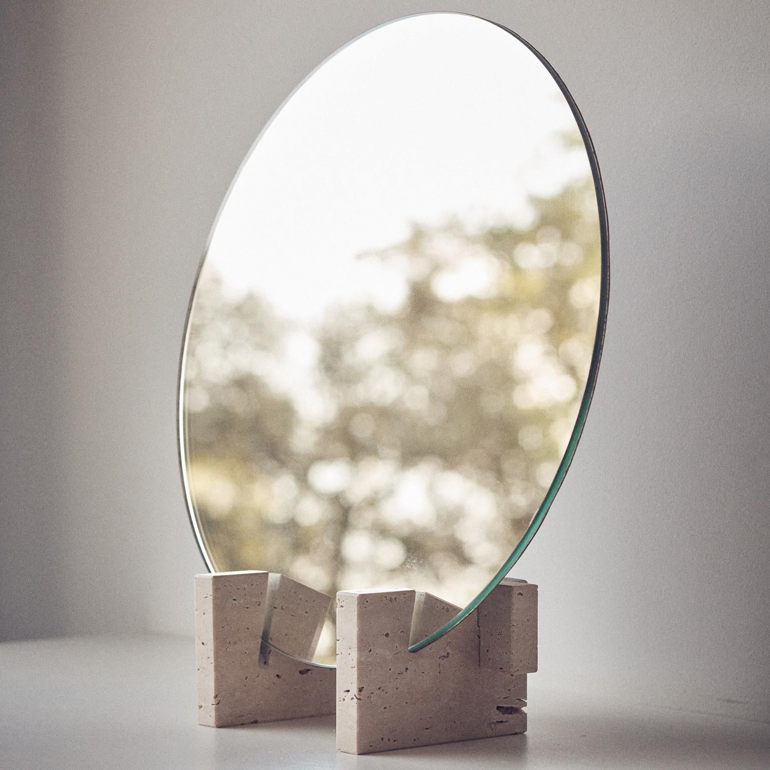“Fit Mirror” Travertine Marble and Rusty Iron Minimalist Mirror by Aparentment For Sale 4