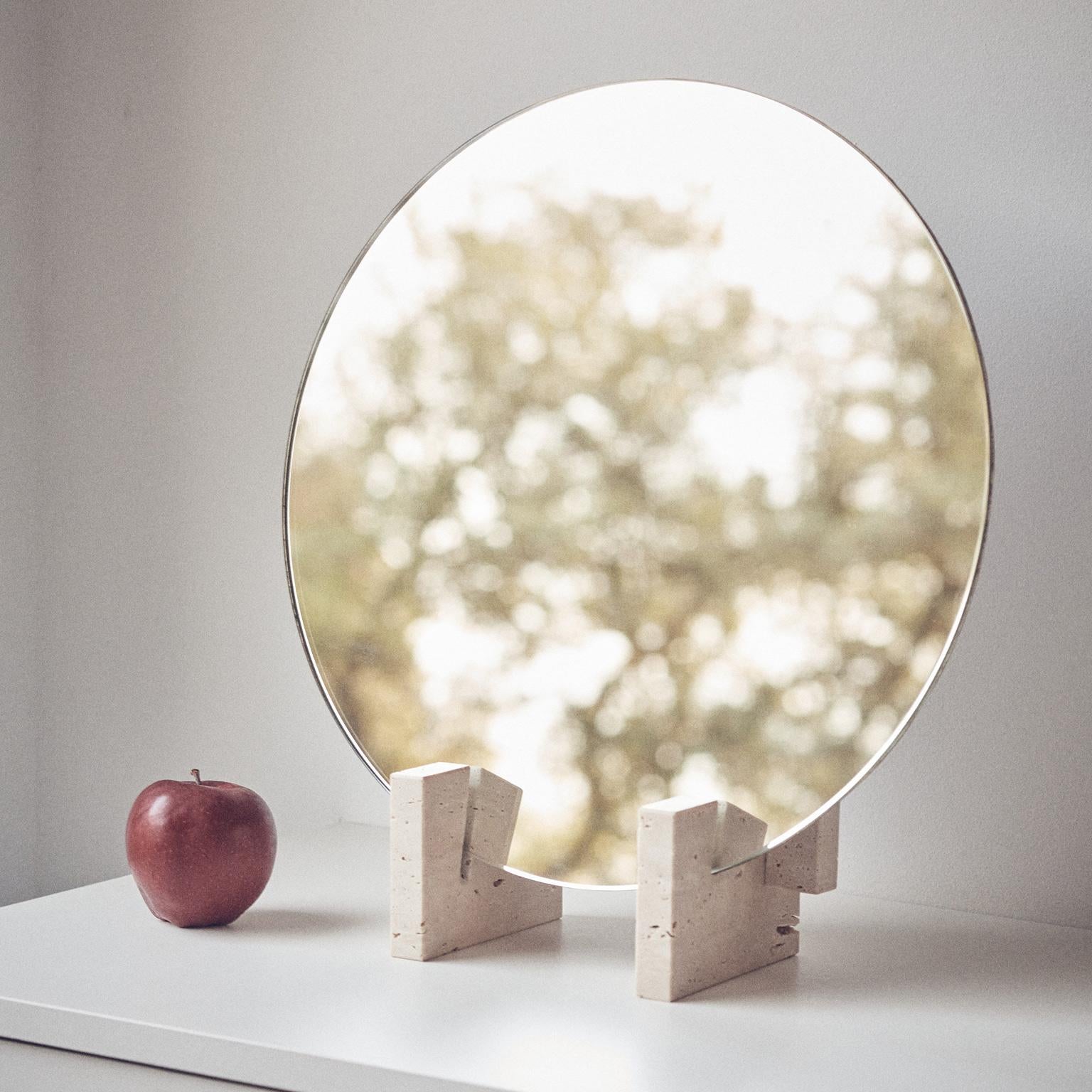 Contemporary “Fit Mirror” Travertine Marble and Rusty Iron Minimalist Mirror by Aparentment For Sale