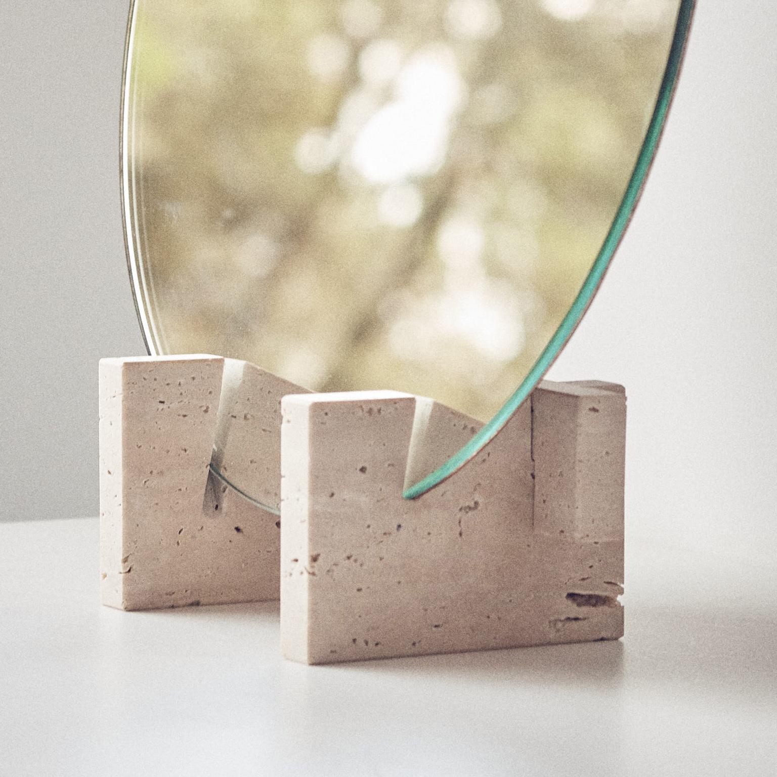 “Fit Mirror” Travertine Marble and Rusty Iron Minimalist Mirror by Aparentment For Sale 1