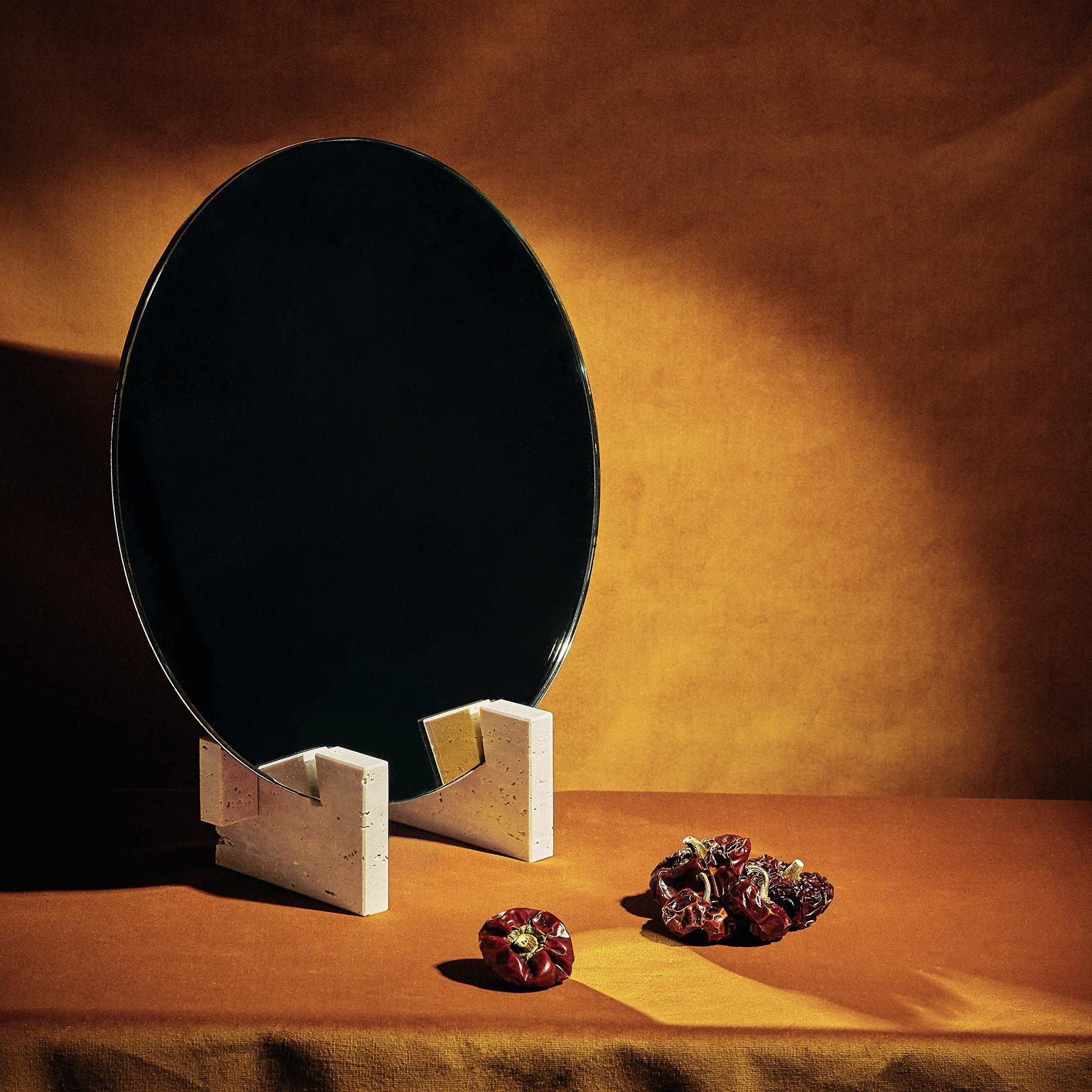 “Fit Mirror” Travertine Marble and Rusty Iron Minimalist Mirror by Aparentment For Sale 2